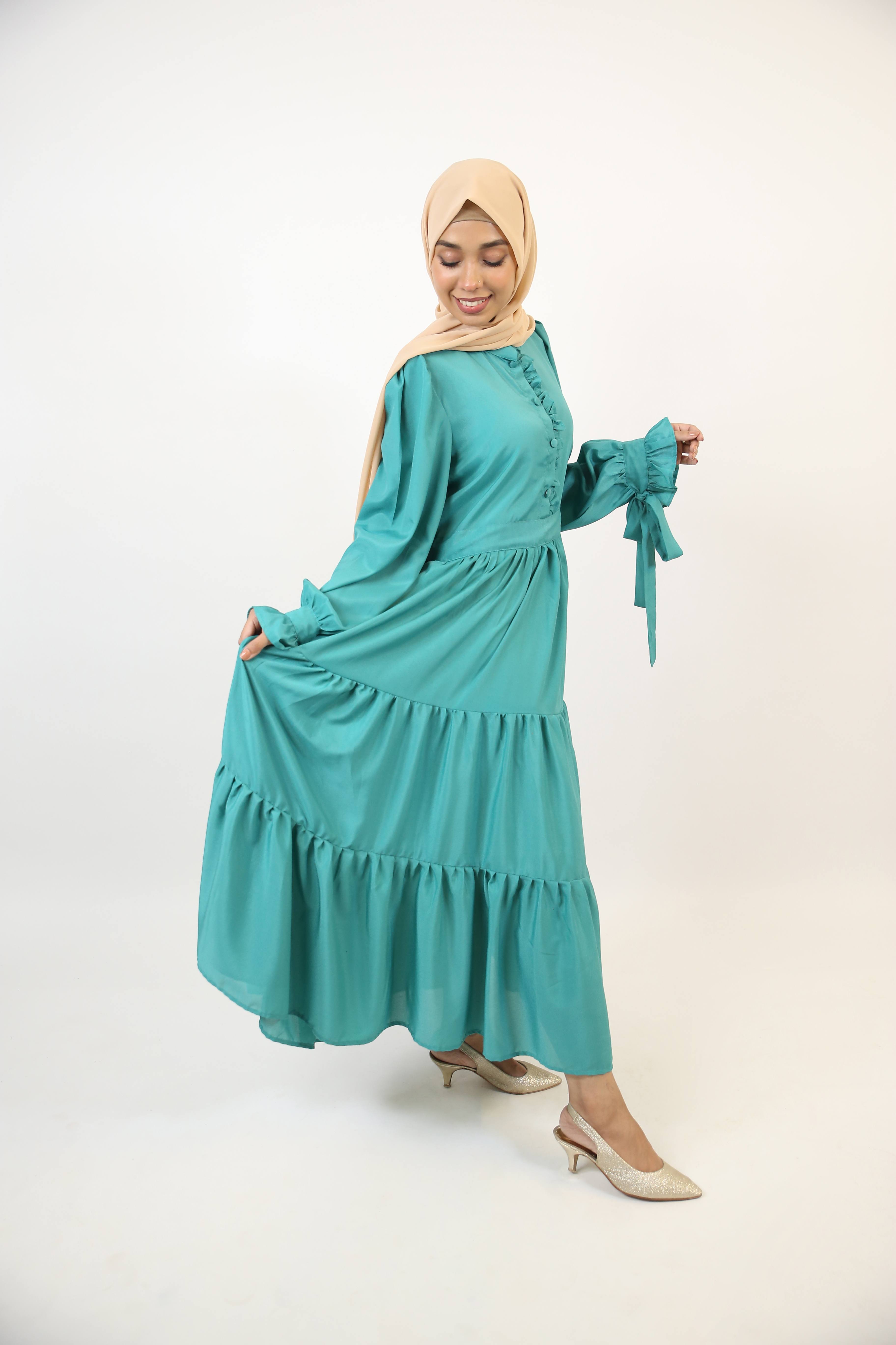 Yashab- Dazzling wrinkle free maxi dress with bow sleeves and ruched detailing with back tie belt- Emerald Green