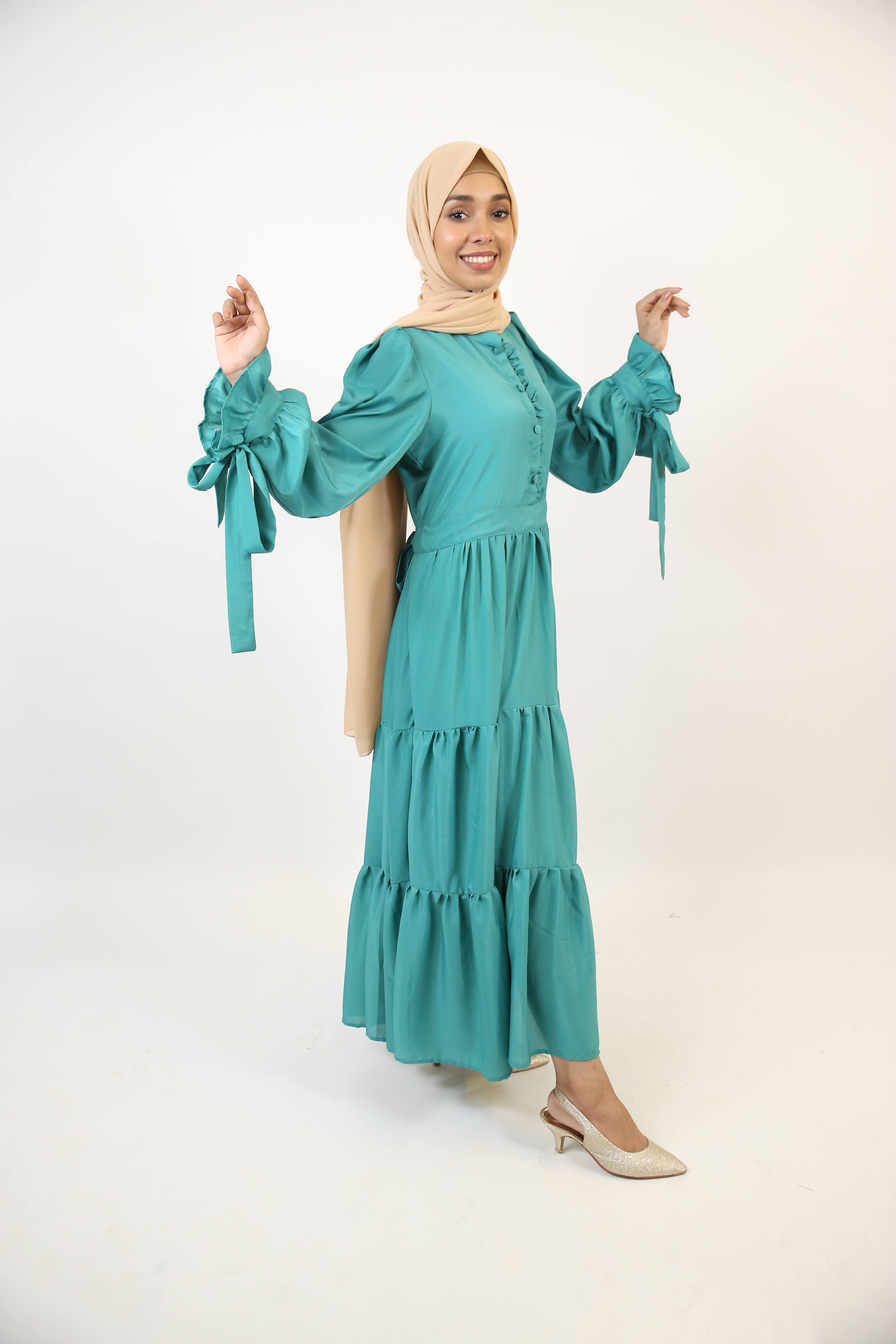 Yashab- Dazzling wrinkle free maxi dress with bow sleeves and ruched detailing with back tie belt- Emerald Green