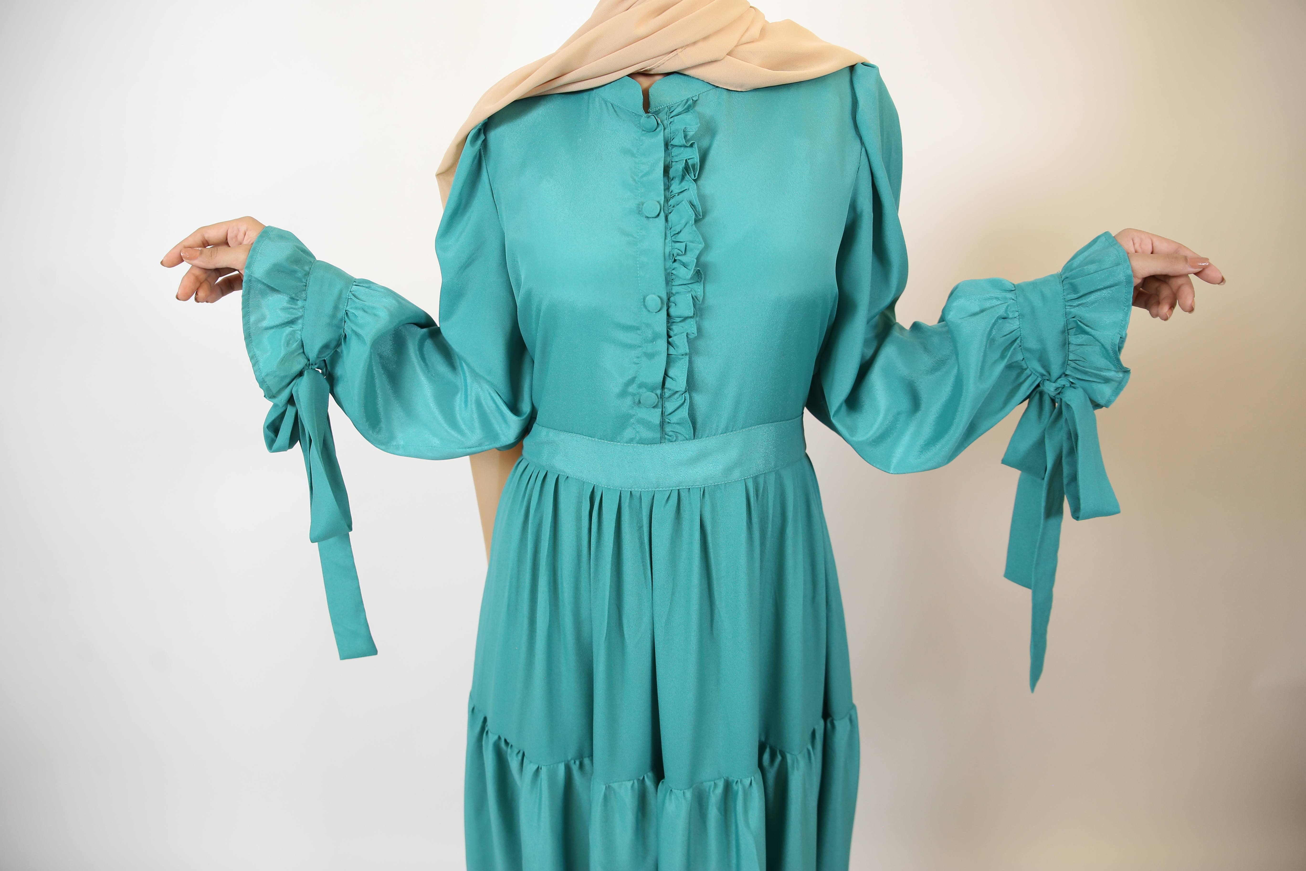 Yashab- Dazzling wrinkle free maxi dress with bow sleeves and ruched detailing with back tie belt- Emerald Green