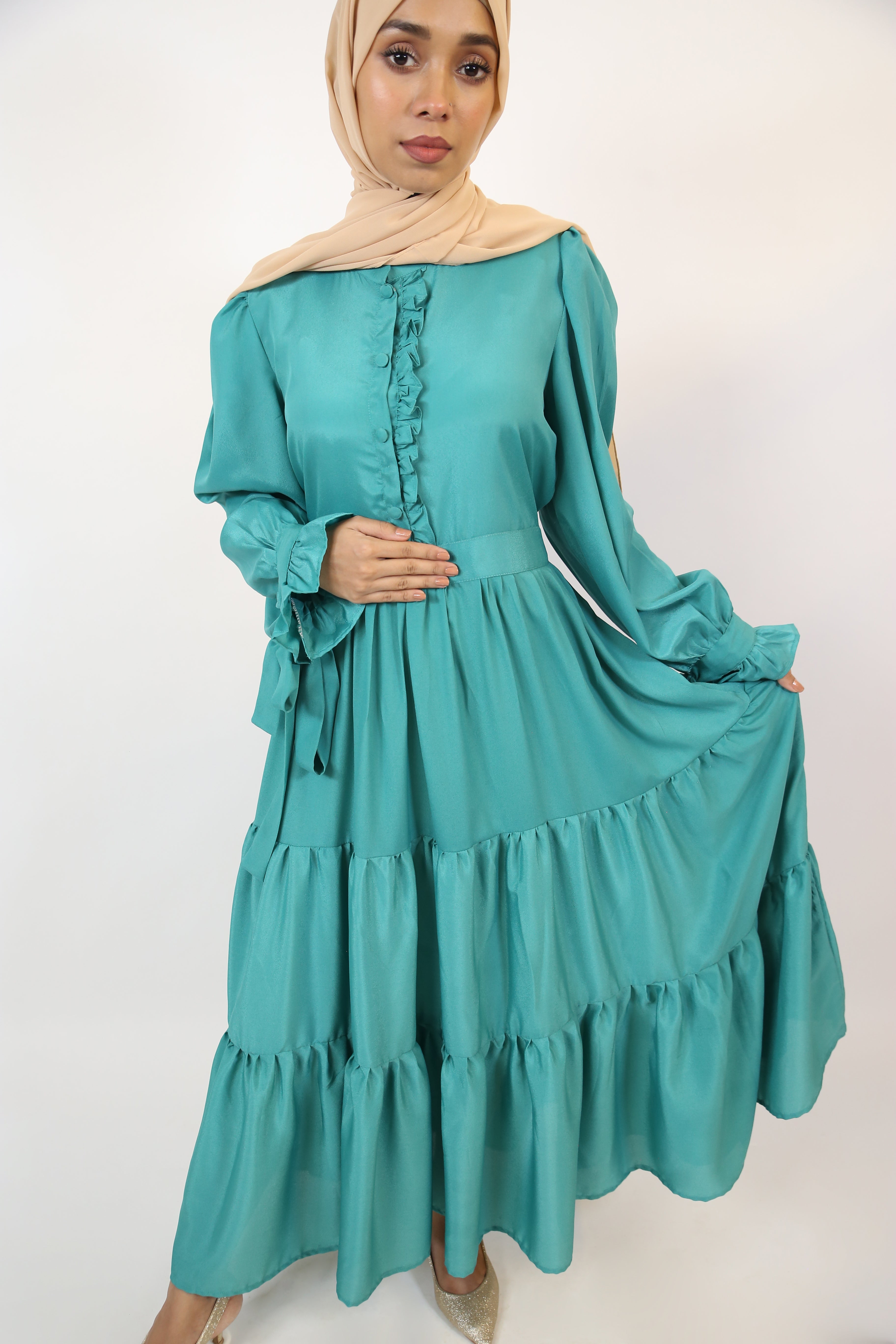 Yashab- Dazzling wrinkle free maxi dress with bow sleeves and ruched detailing with back tie belt- Emerald Green