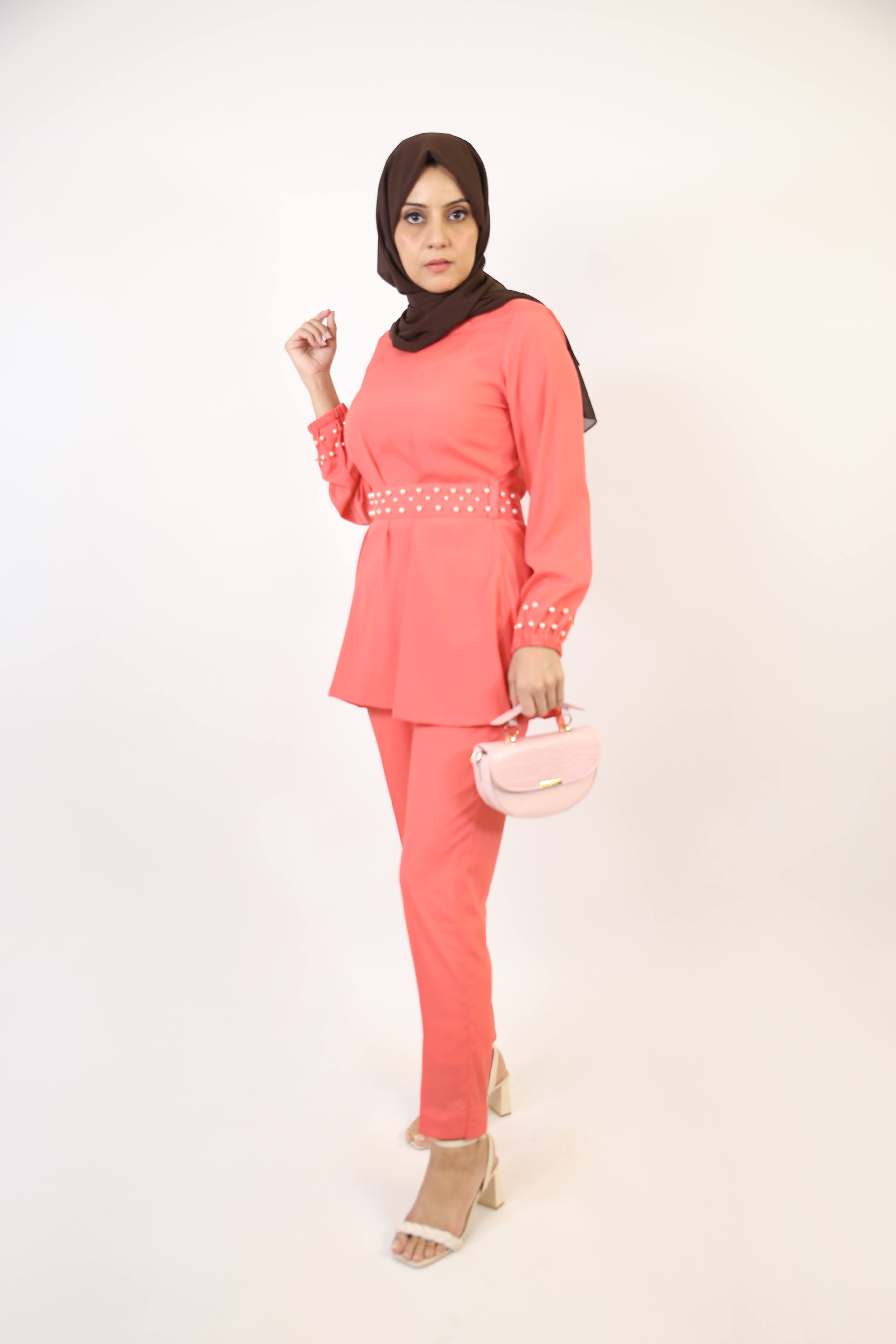 Damia- Stunning two piece modest set with faux pearl belt and sleeves-Peach Pink