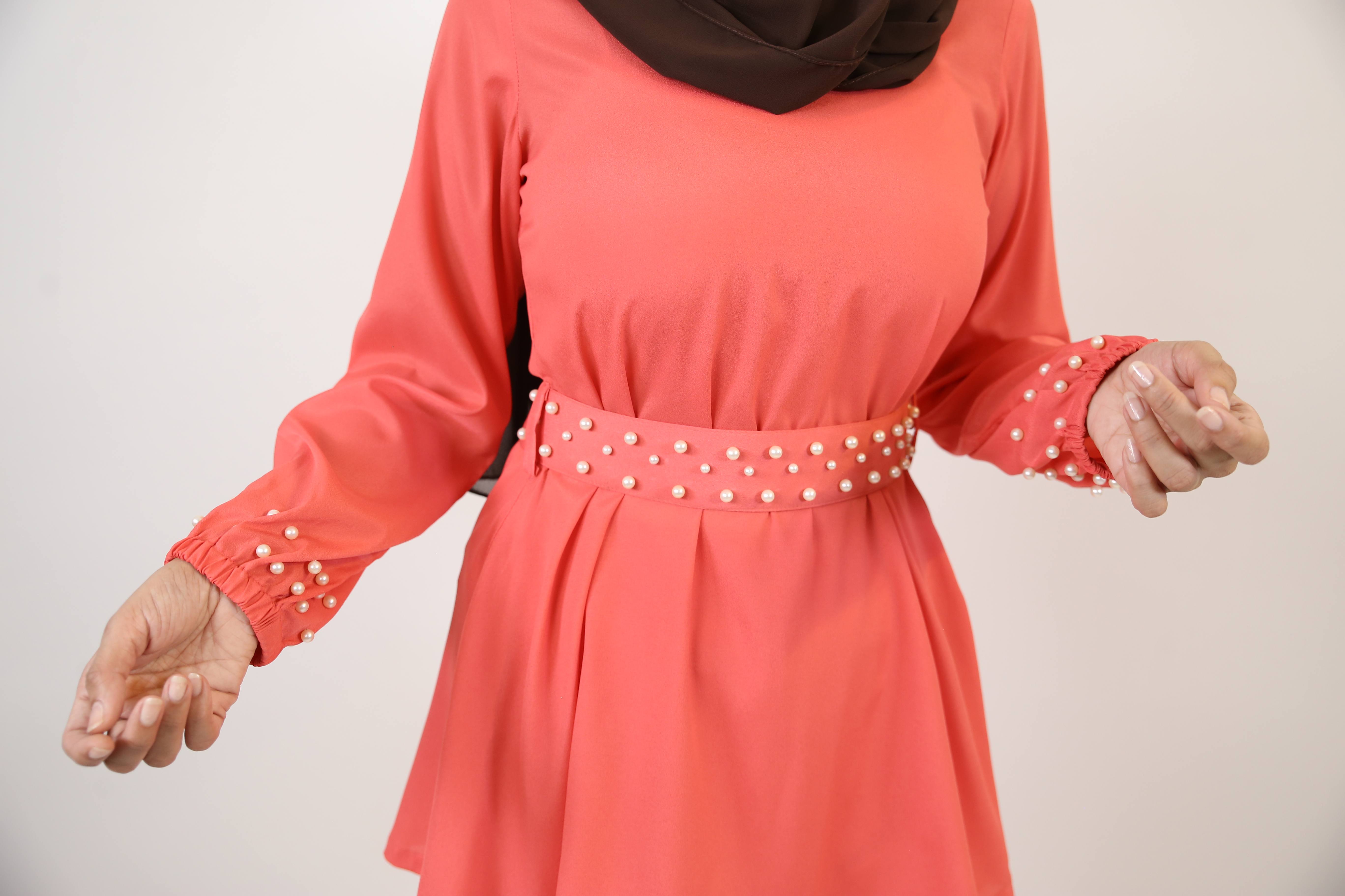 Damia- Stunning two piece modest set with faux pearl belt and sleeves-Peach Pink