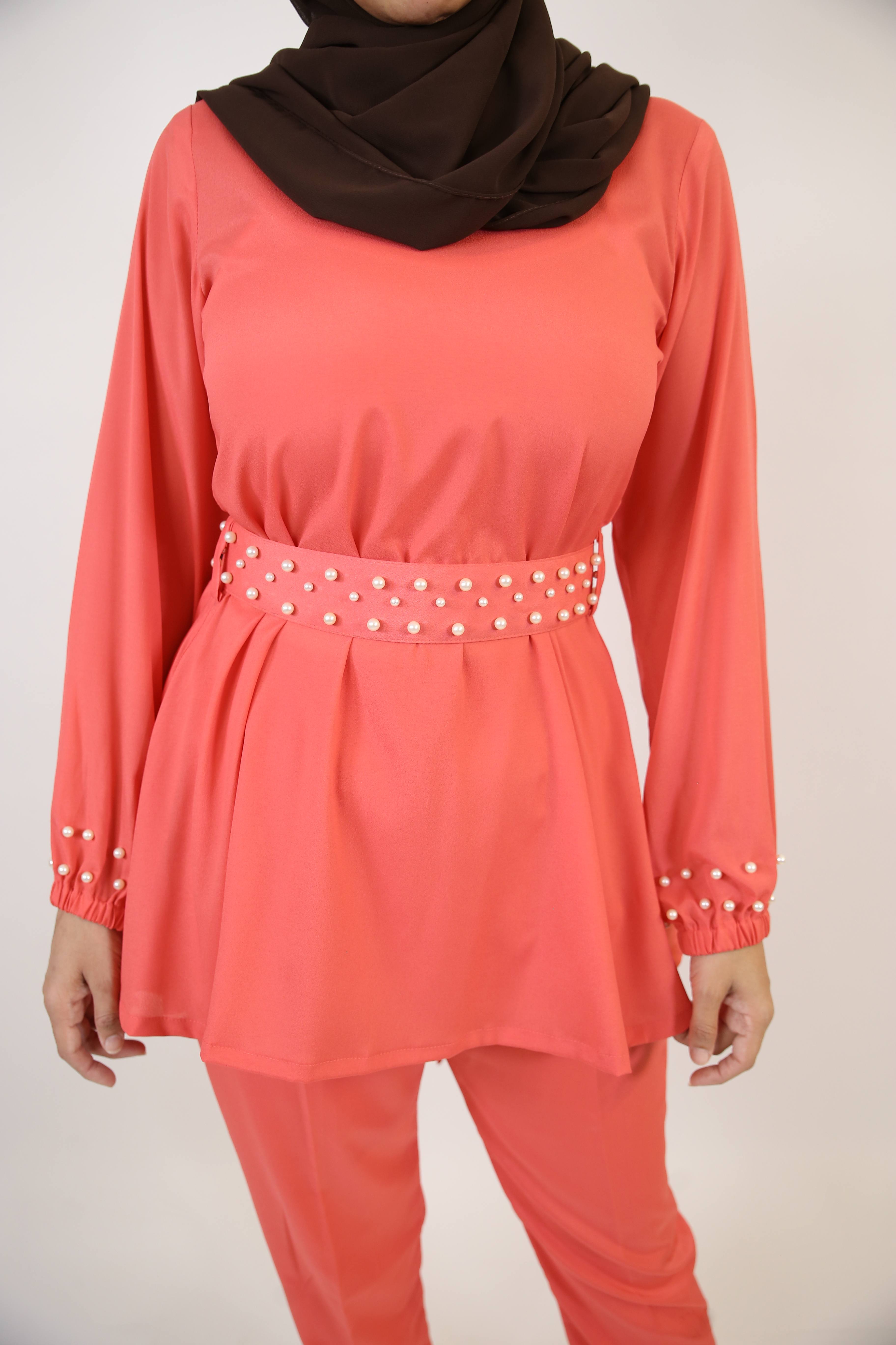 Damia- Stunning two piece modest set with faux pearl belt and sleeves-Peach Pink