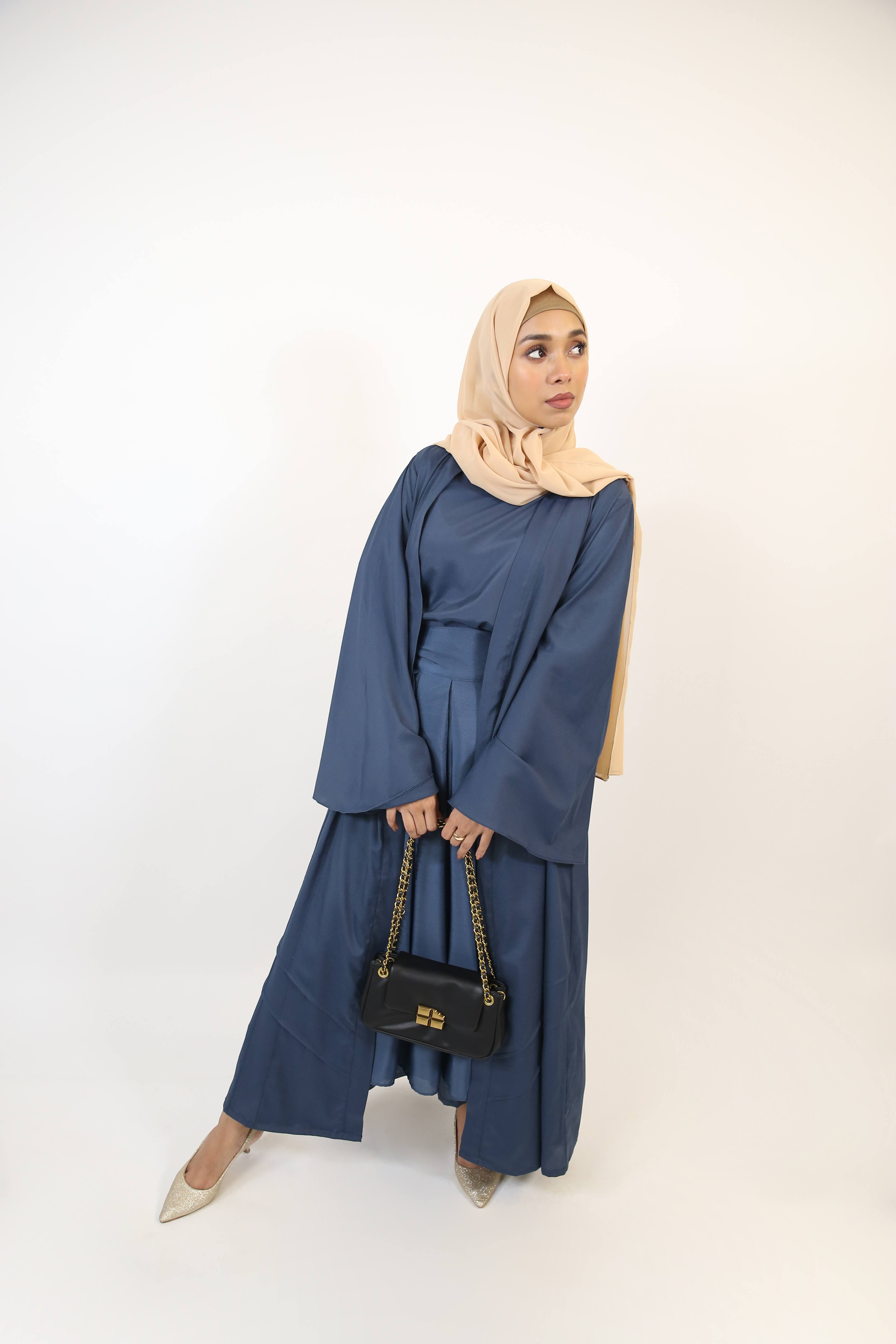 Yaqoot- Elegant three piece throw over abaya set with apron belt and inner slip dress- Navy blue