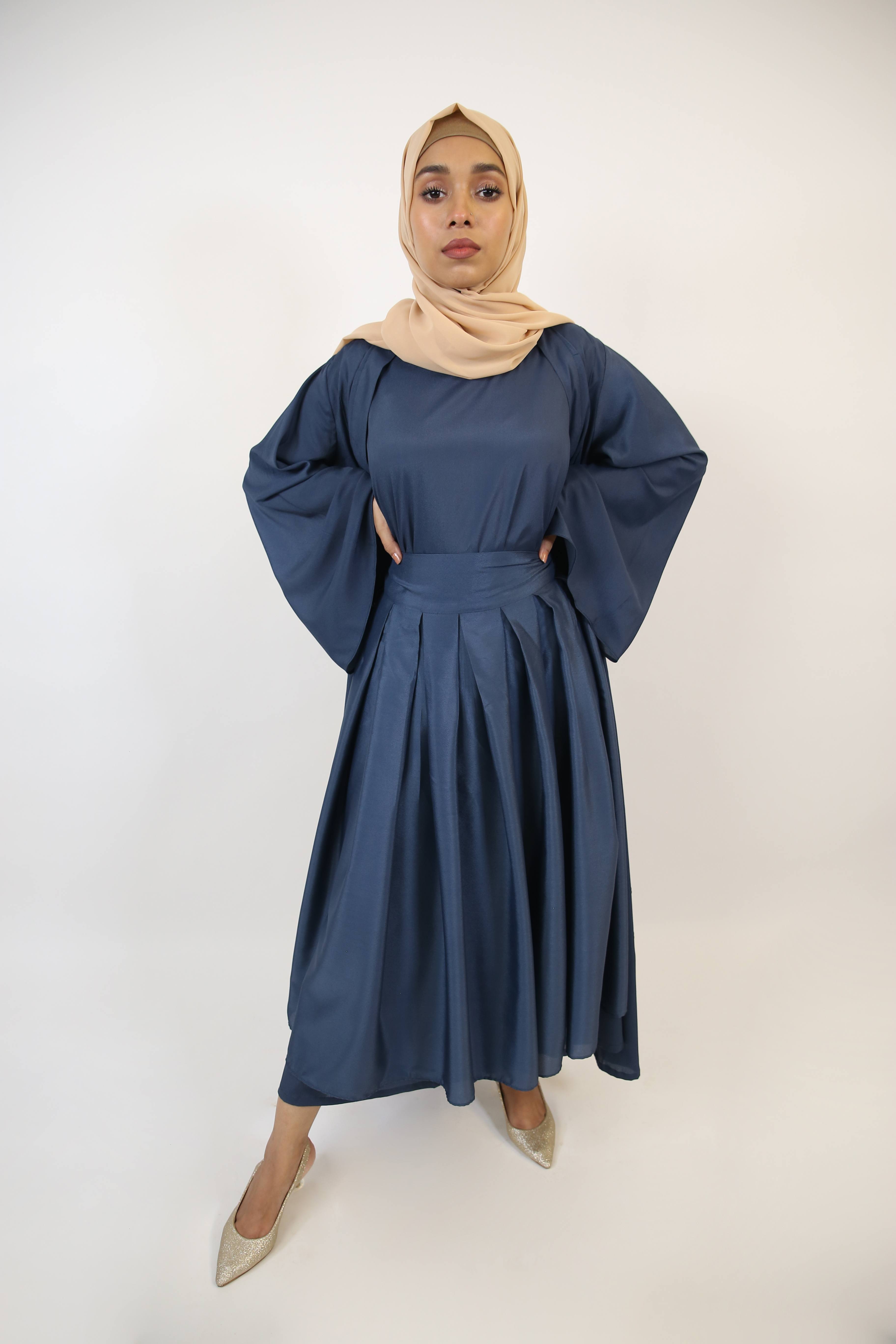 Yaqoot- Elegant three piece throw over abaya set with apron belt and inner slip dress- Navy blue