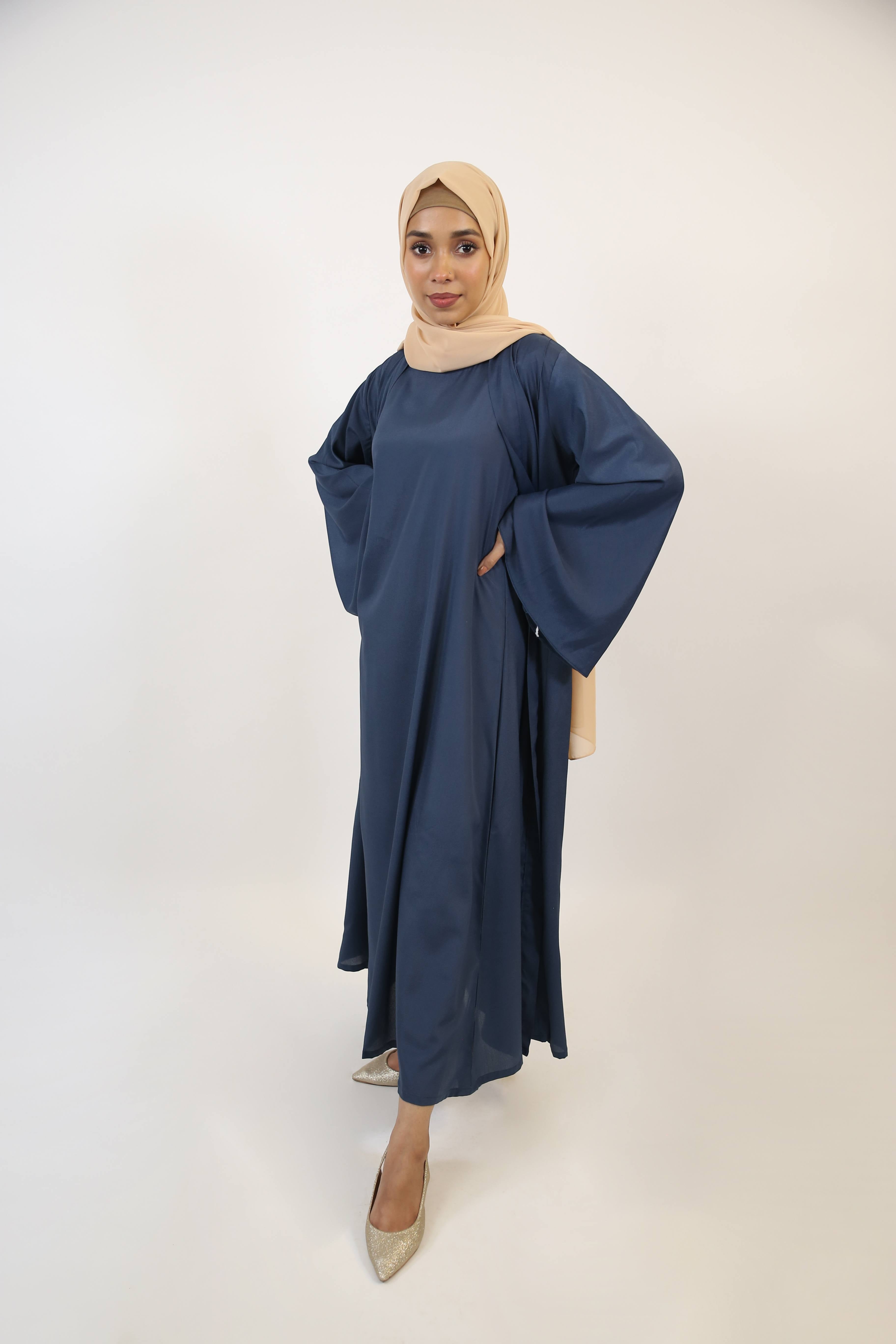 Yaqoot- Elegant three piece throw over abaya set with apron belt and inner slip dress- Navy blue