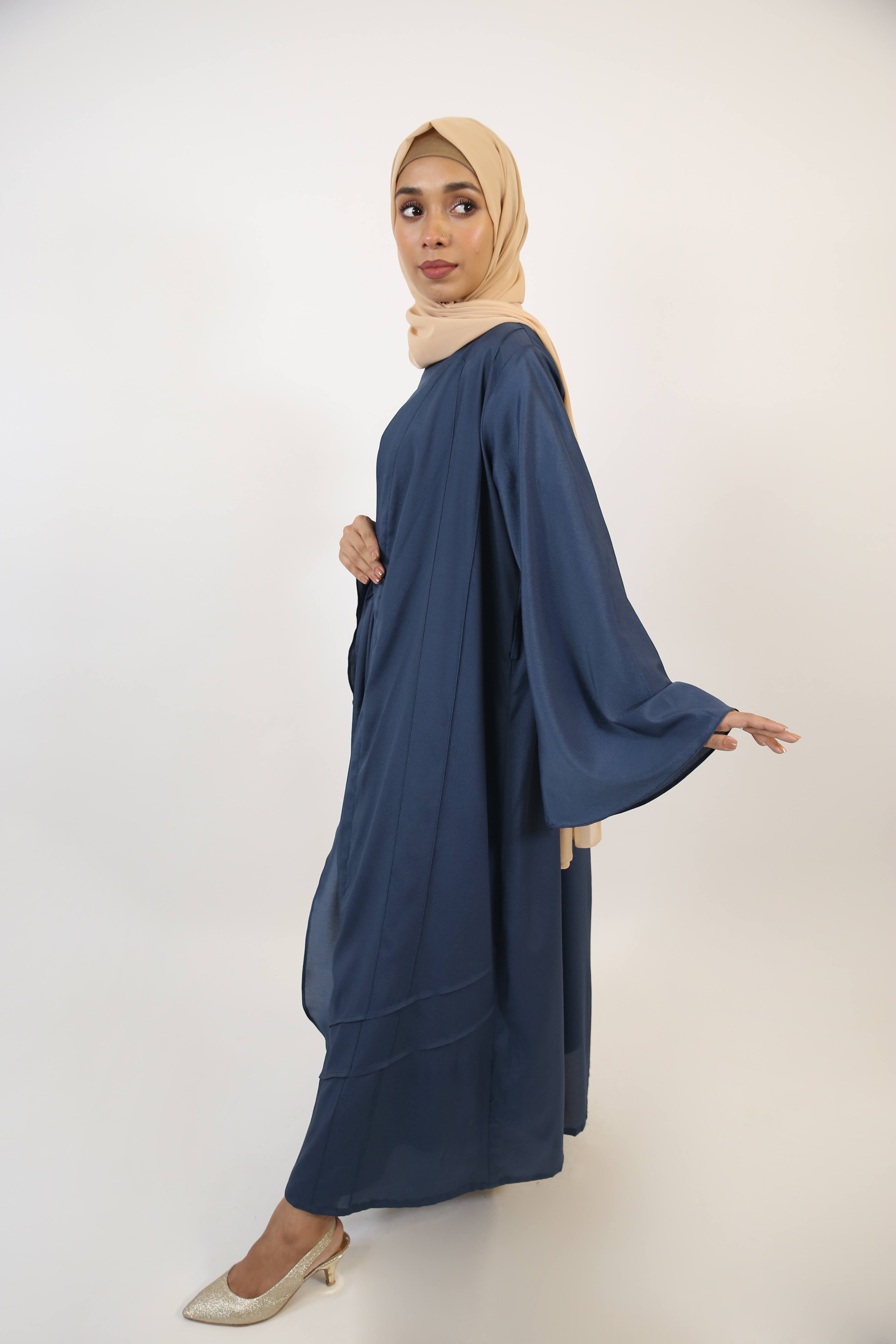 Yaqoot- Elegant three piece throw over abaya set with apron belt and inner slip dress- Navy blue