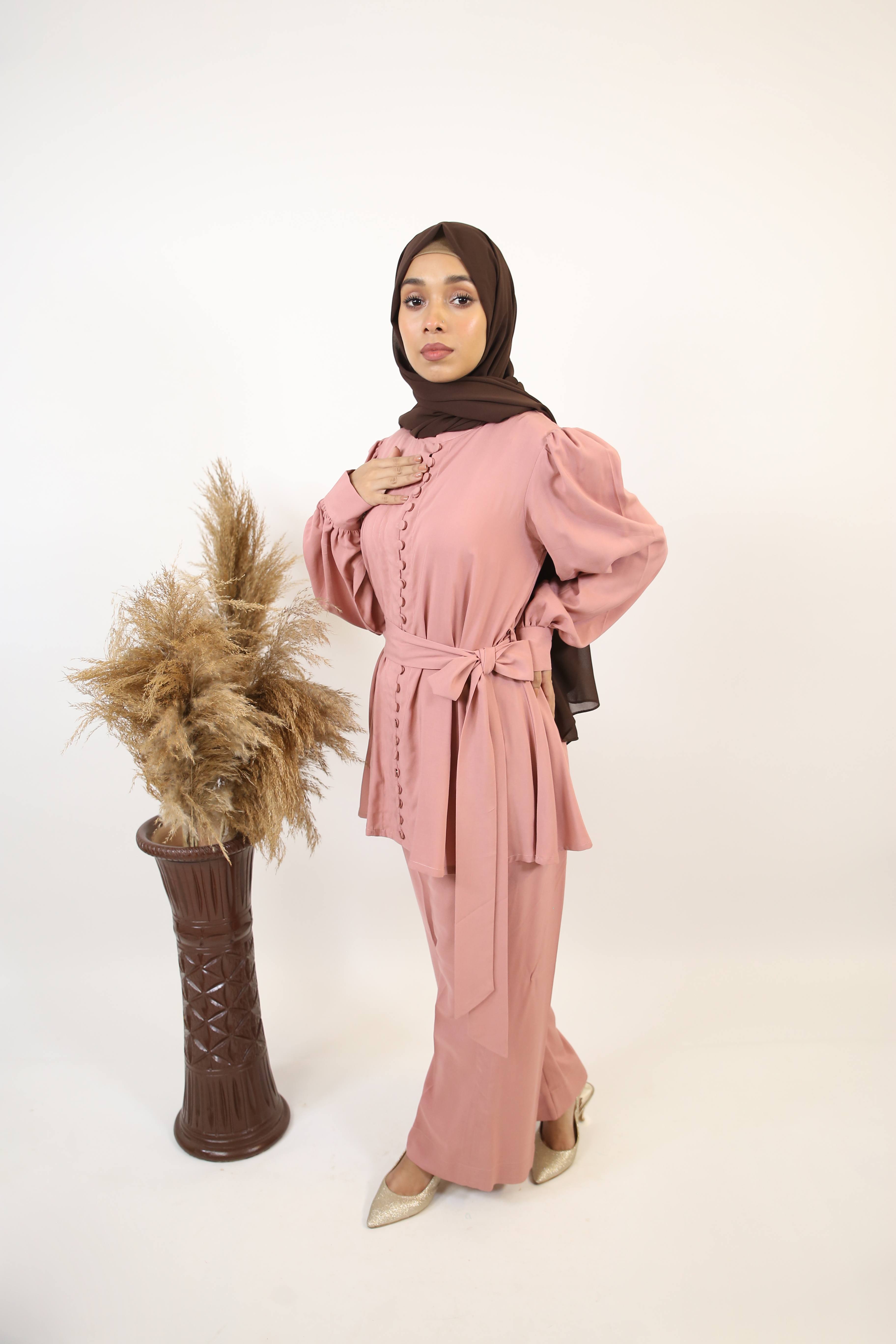 Shabab- Chic linen two piece co ord set with pleated top down buttons with detachable belt and spanish pants- Pink