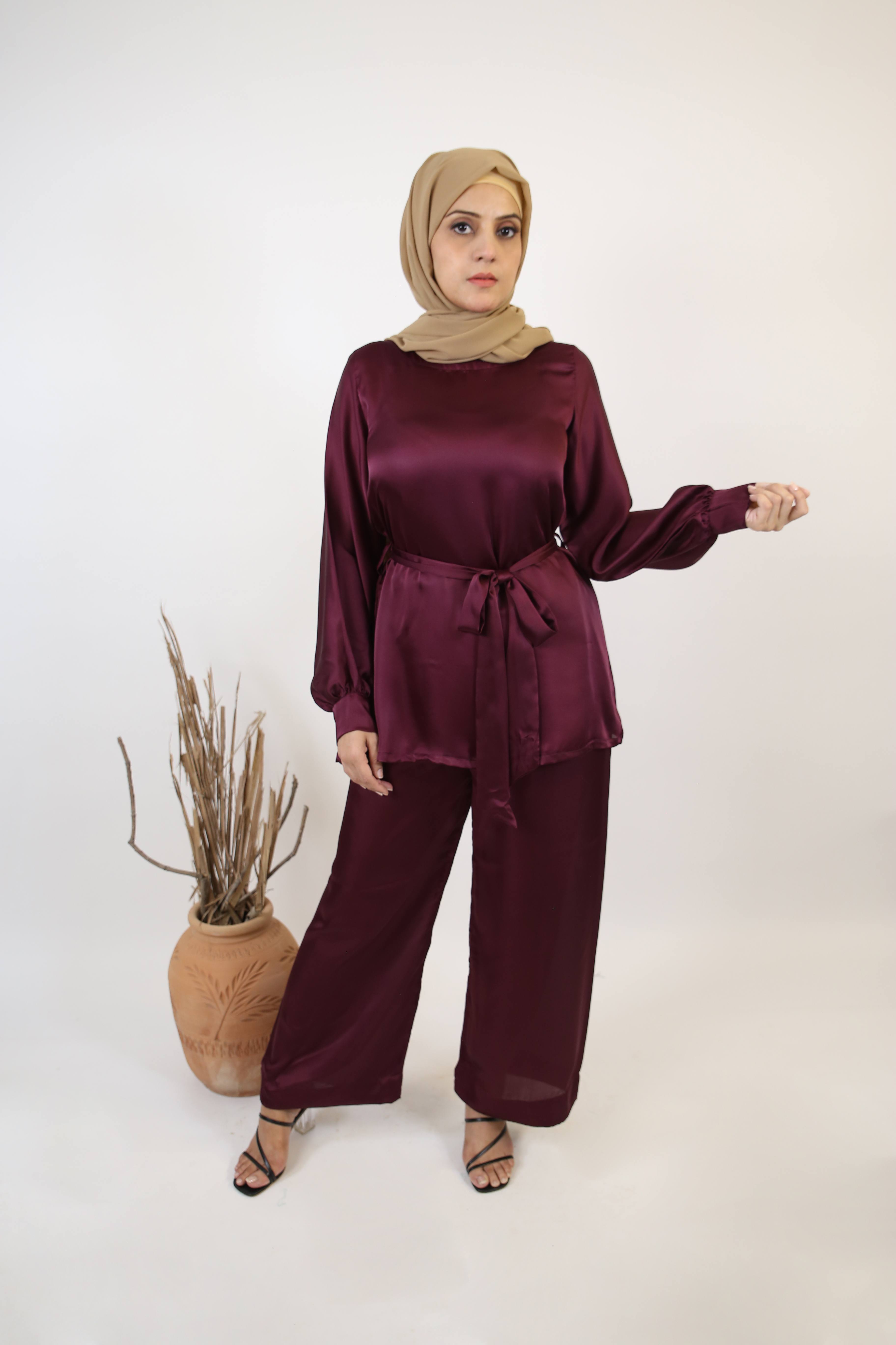 Hareer- Sophisticated two piece satin set with modest top and spanish cut pants- Mulberry Red