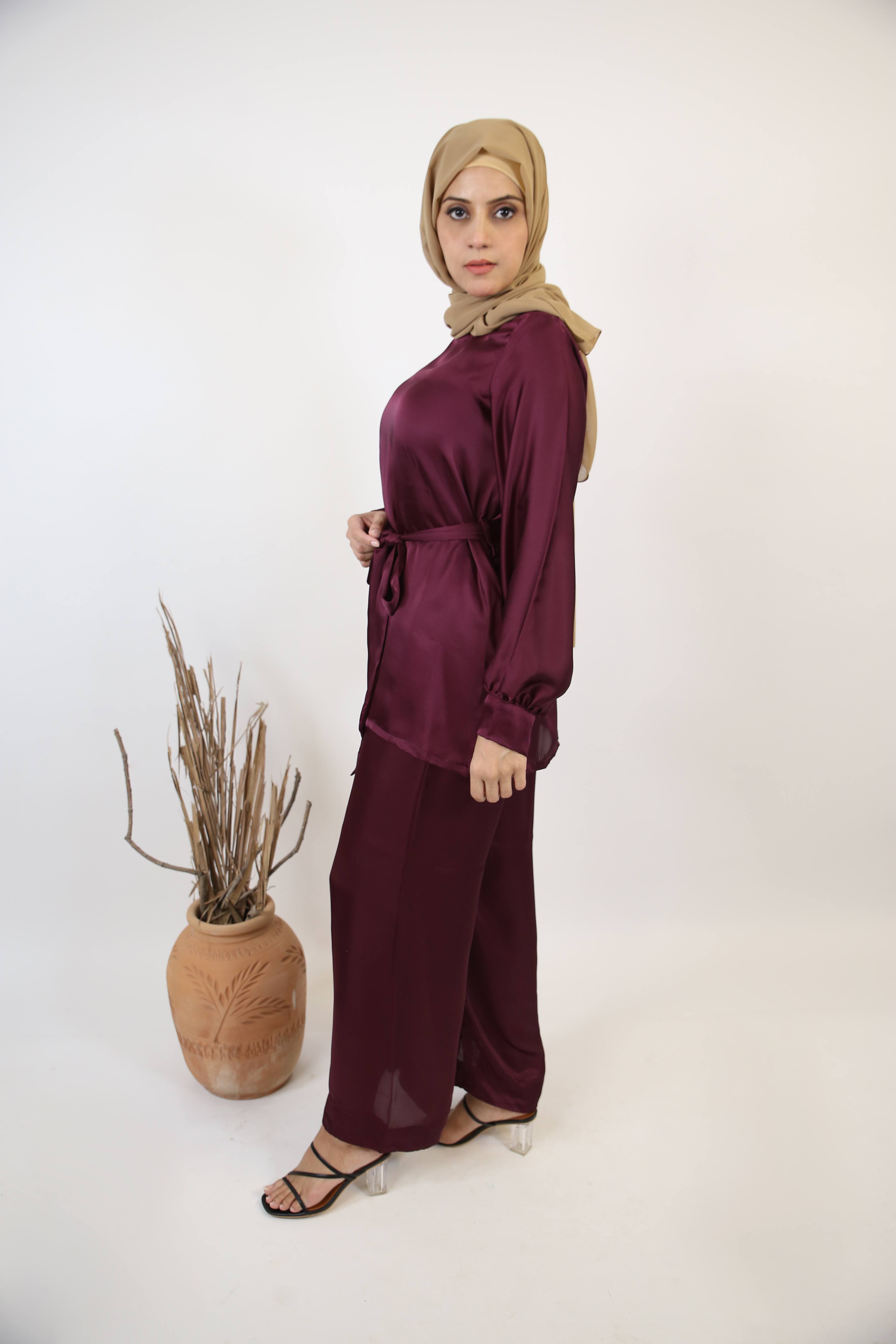 Hareer- Sophisticated two piece satin set with modest top and spanish cut pants- Mulberry Red
