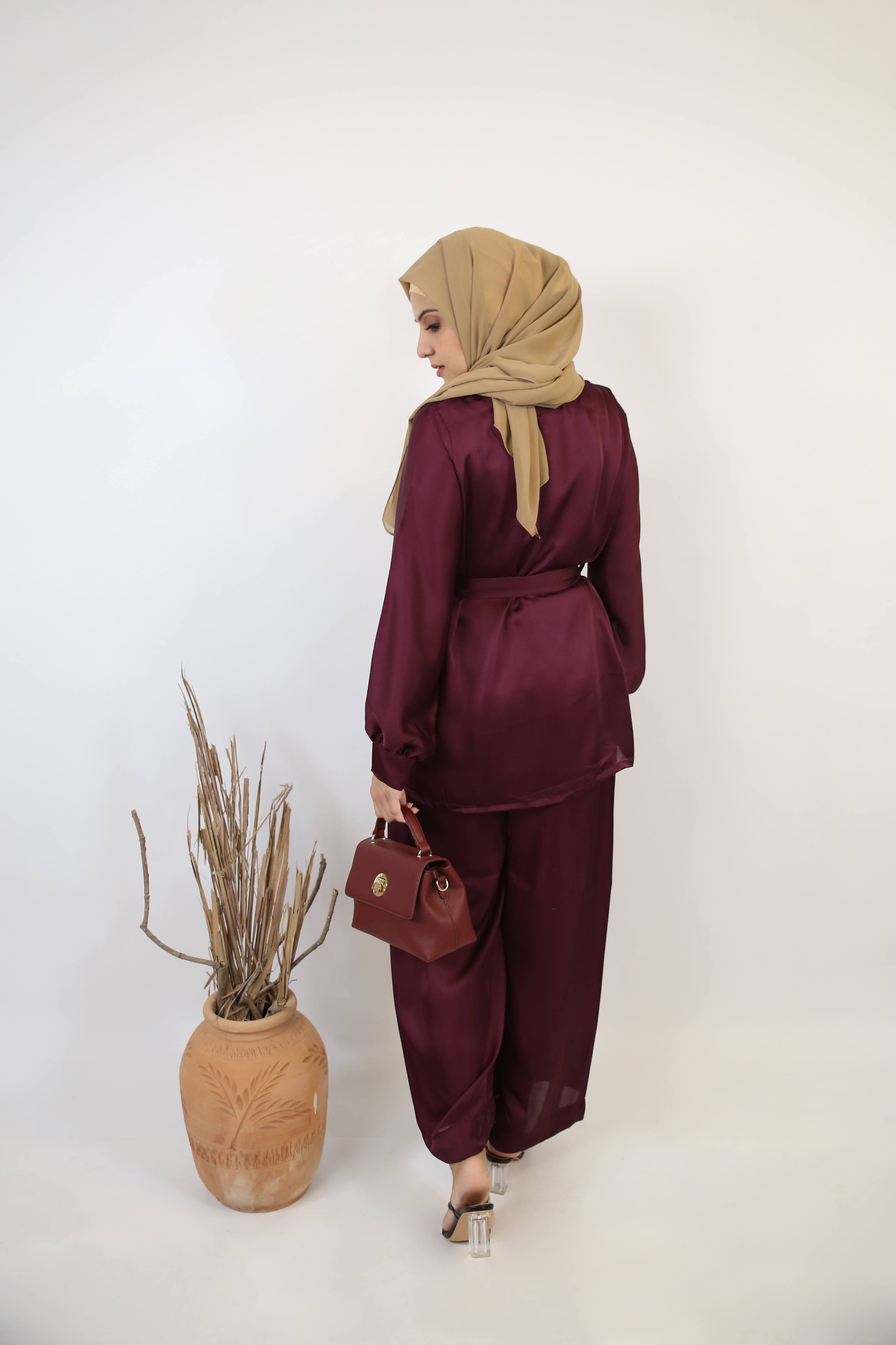 Hareer- Sophisticated two piece satin set with modest top and spanish cut pants- Mulberry Red