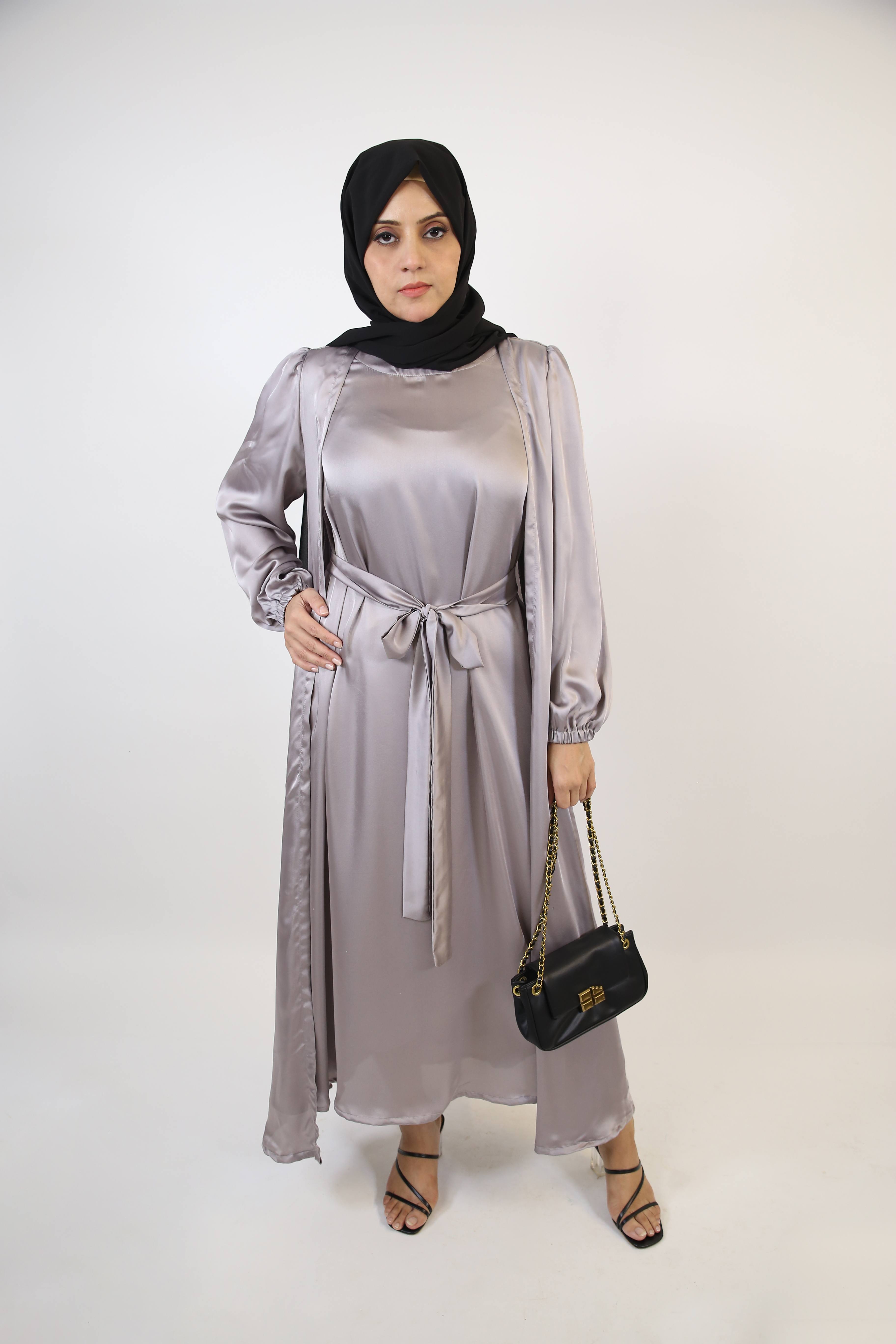 Lamey- Refined Satin throw over abaya with inner slip dress and detachable belt- Ash Gray