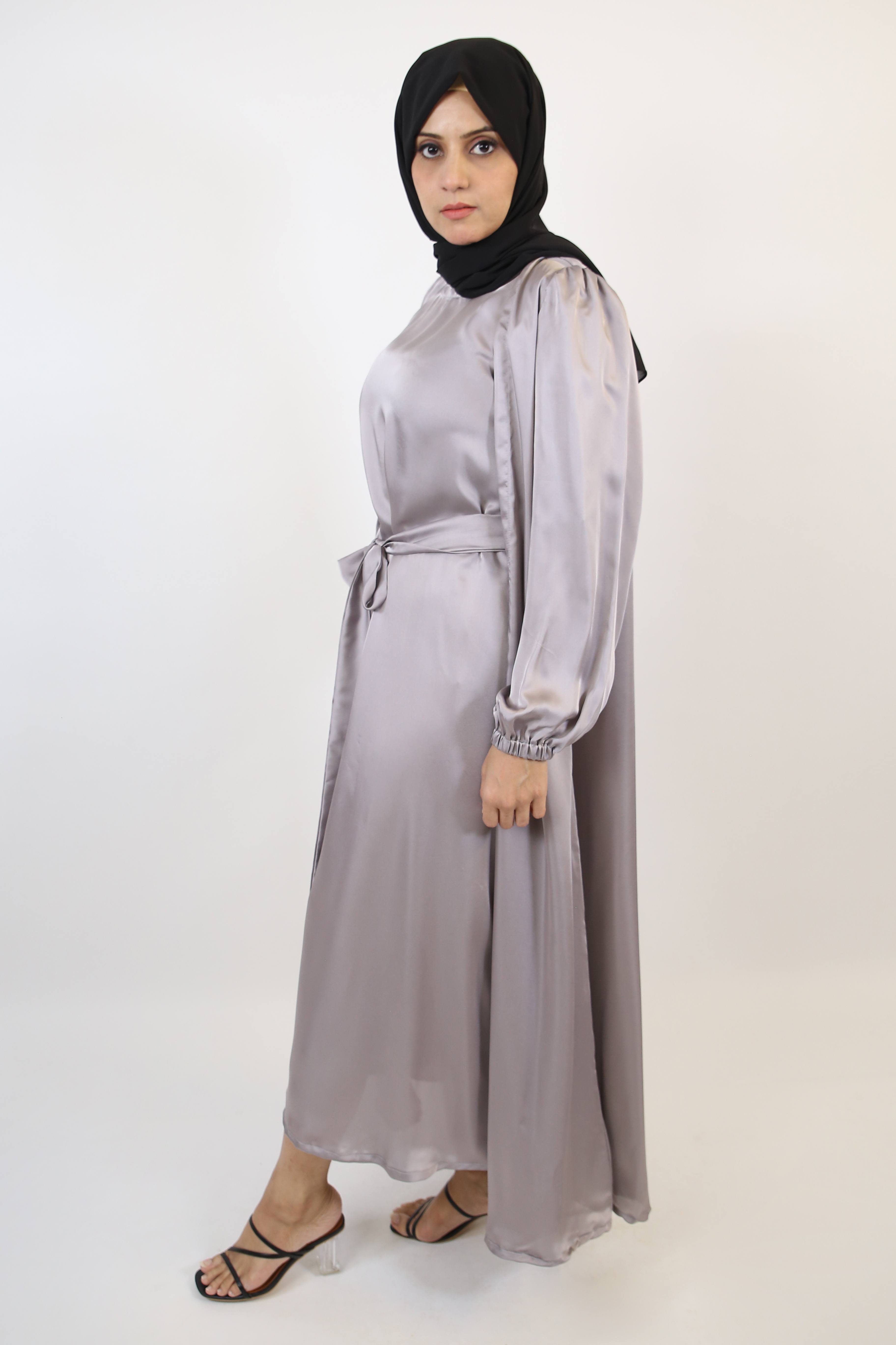 Lamey- Refined Satin throw over abaya with inner slip dress and detachable belt- Ash Gray