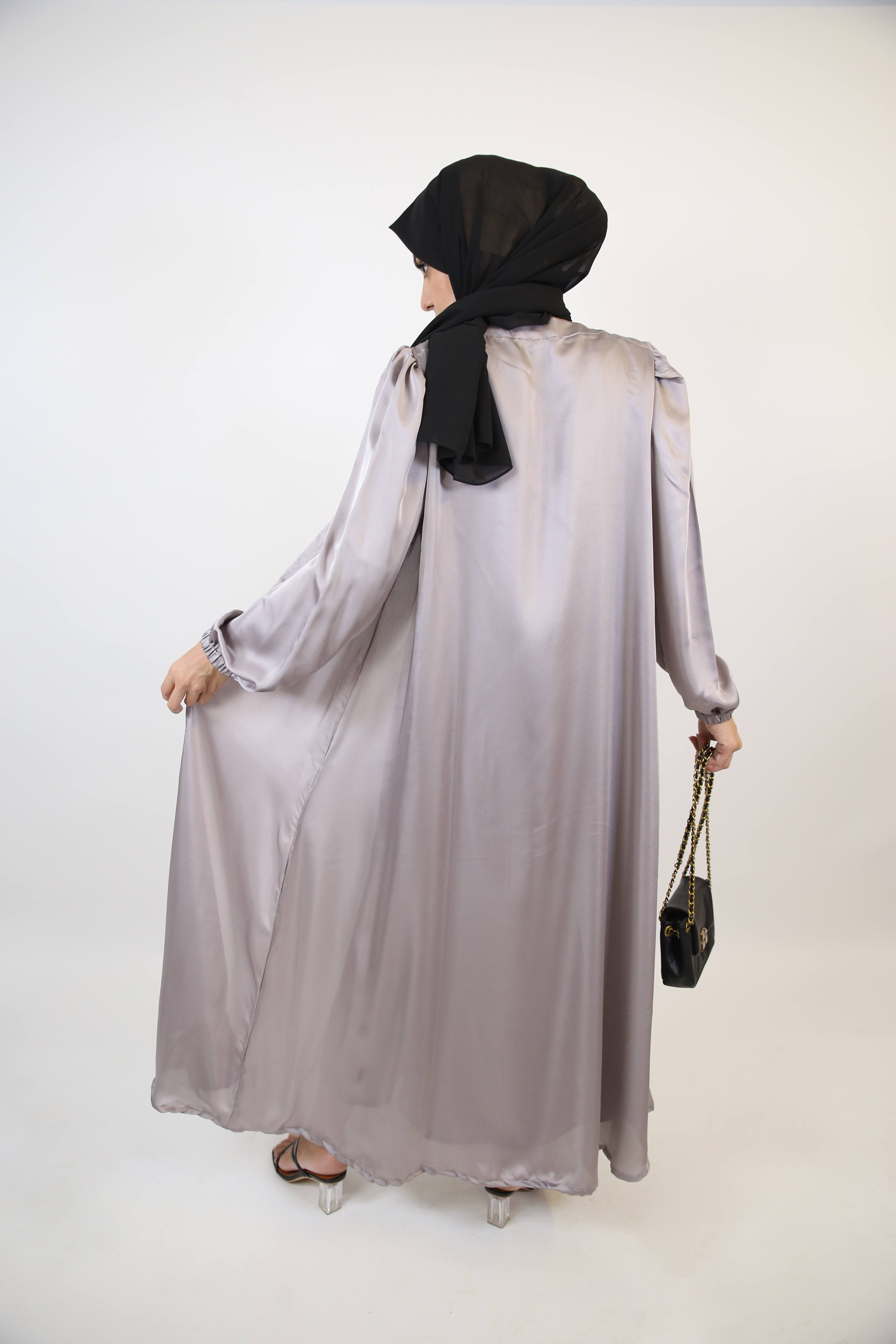 Lamey- Refined Satin throw over abaya with inner slip dress and detachable belt- Ash Gray