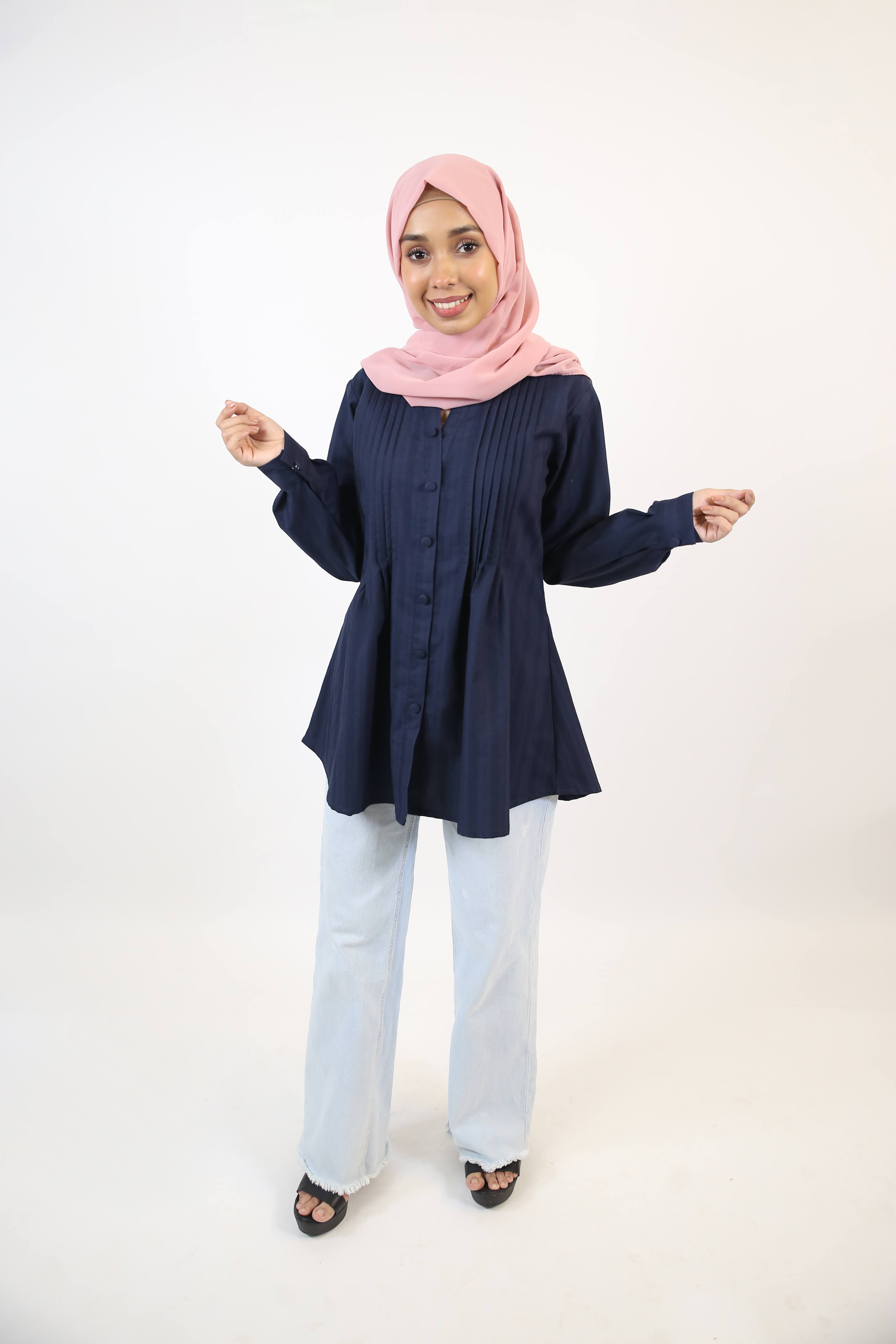 Aneq- Sublime cotton tunic shirt with pleated front and buttons- Deep blue