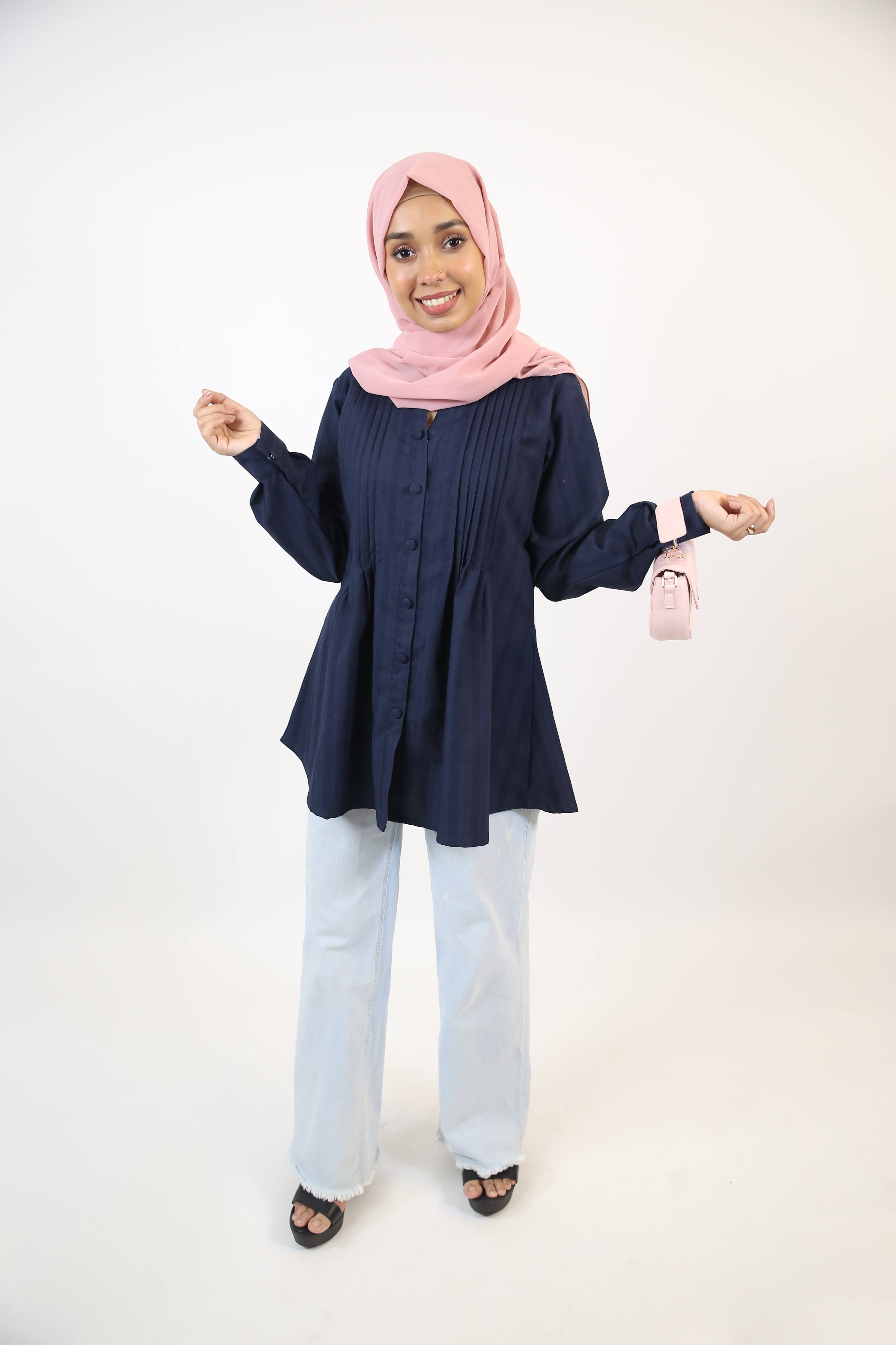 Aneq- Sublime cotton tunic shirt with pleated front and buttons- Deep blue