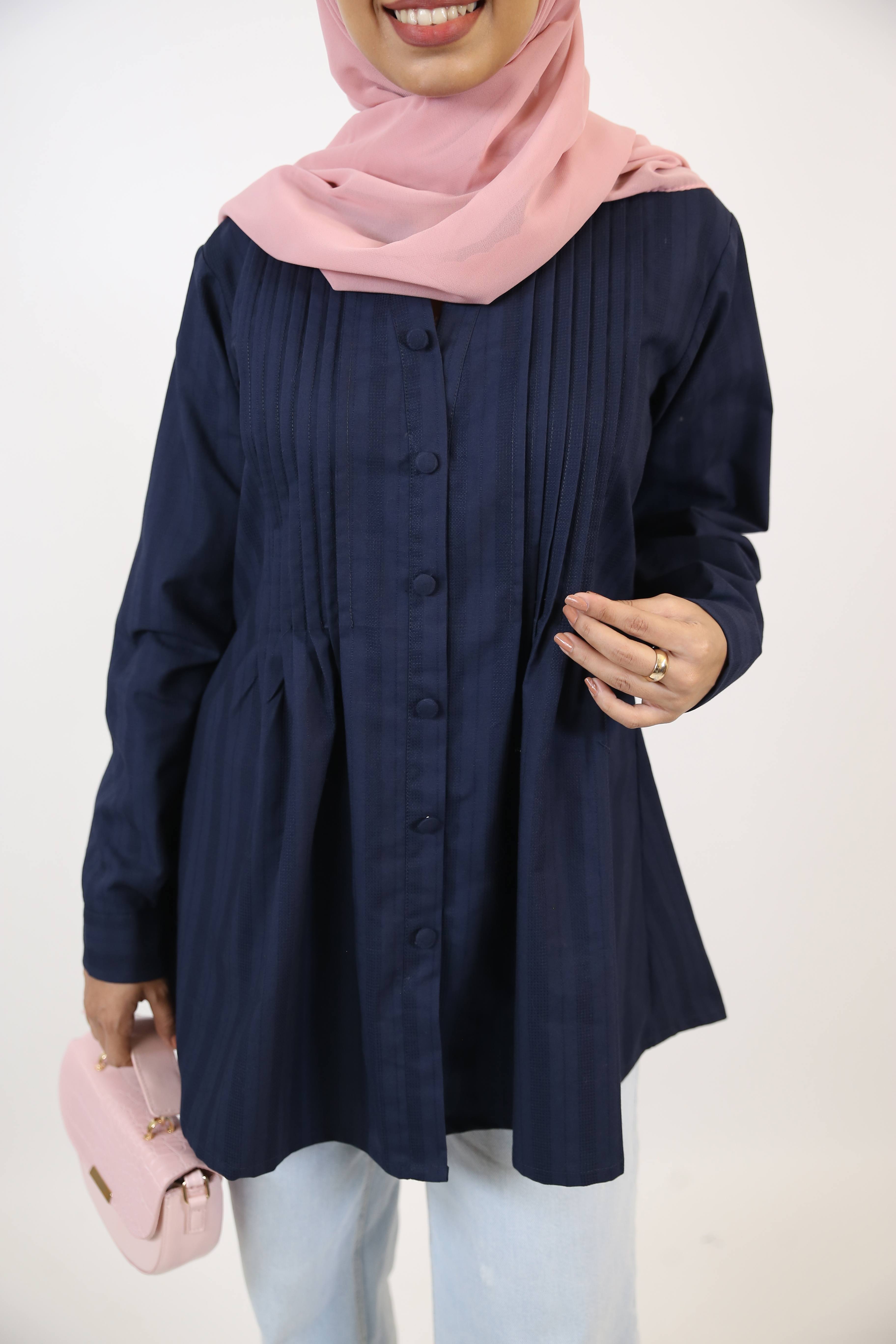 Aneq- Sublime cotton tunic shirt with pleated front and buttons- Deep blue