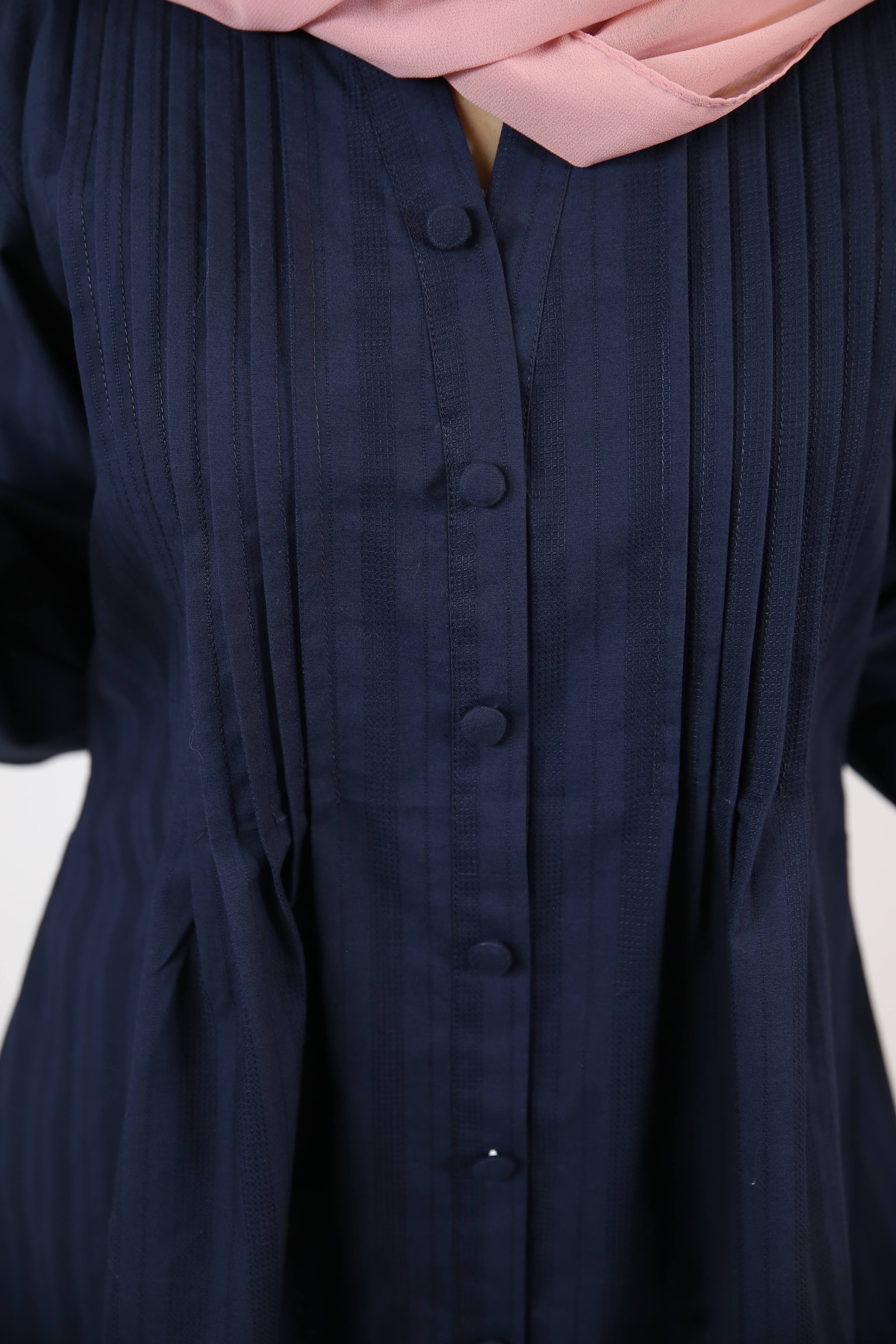 Aneq- Sublime cotton tunic shirt with pleated front and buttons- Deep blue