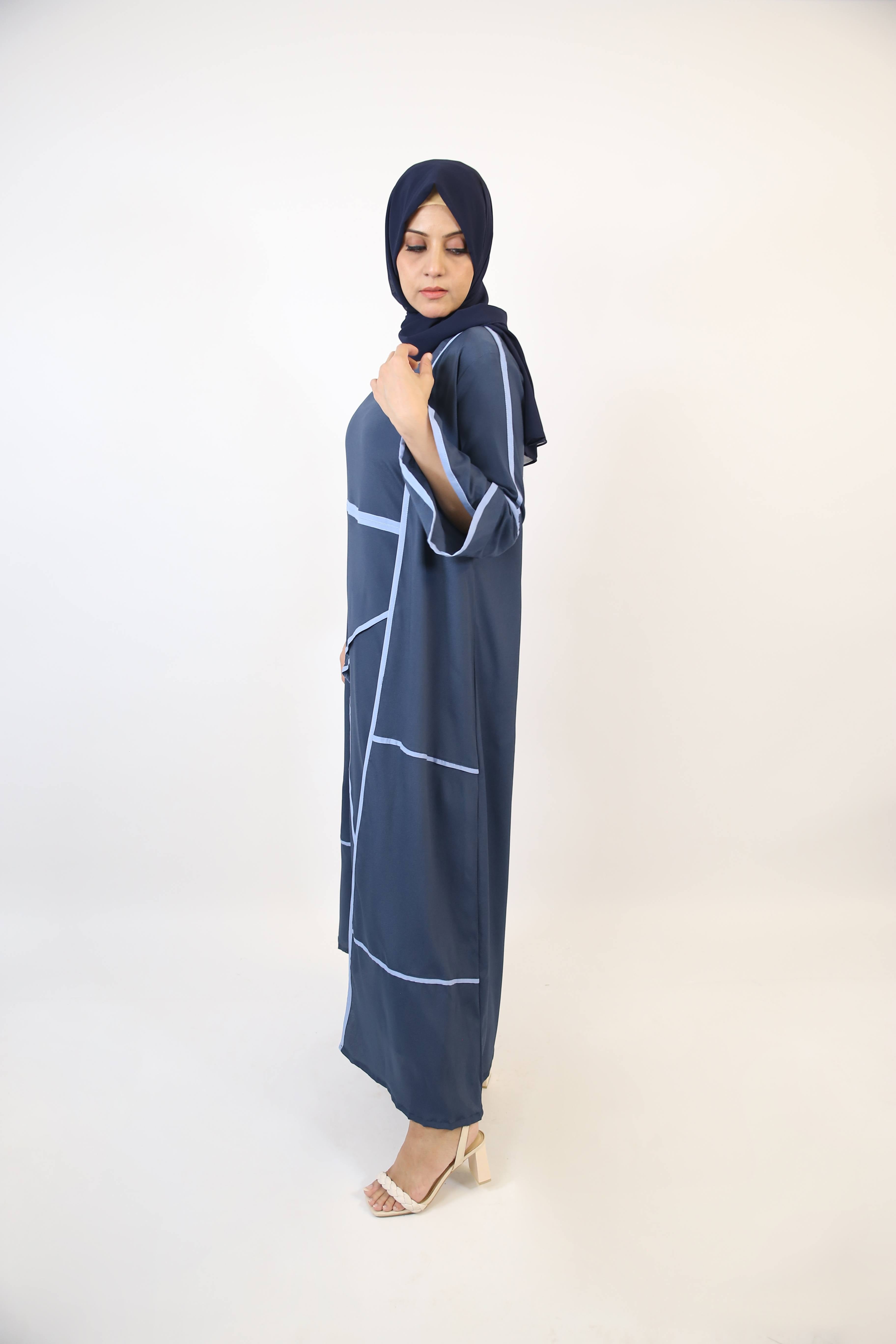 Hadee- Timeless lightweight wrinkle free abaya dress with contrast piping detailing- Navy Blue