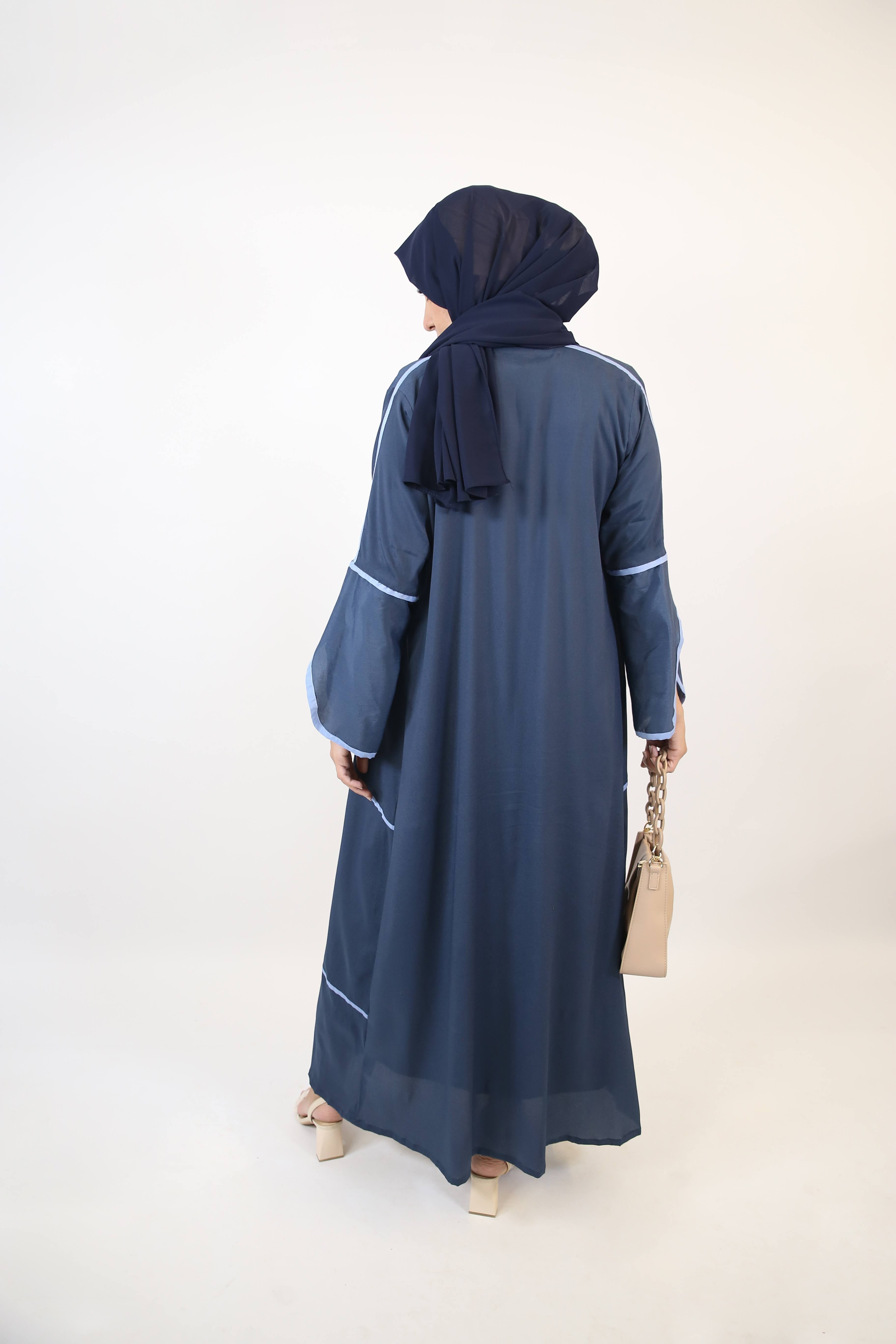 Hadee- Timeless lightweight wrinkle free abaya dress with contrast piping detailing- Navy Blue