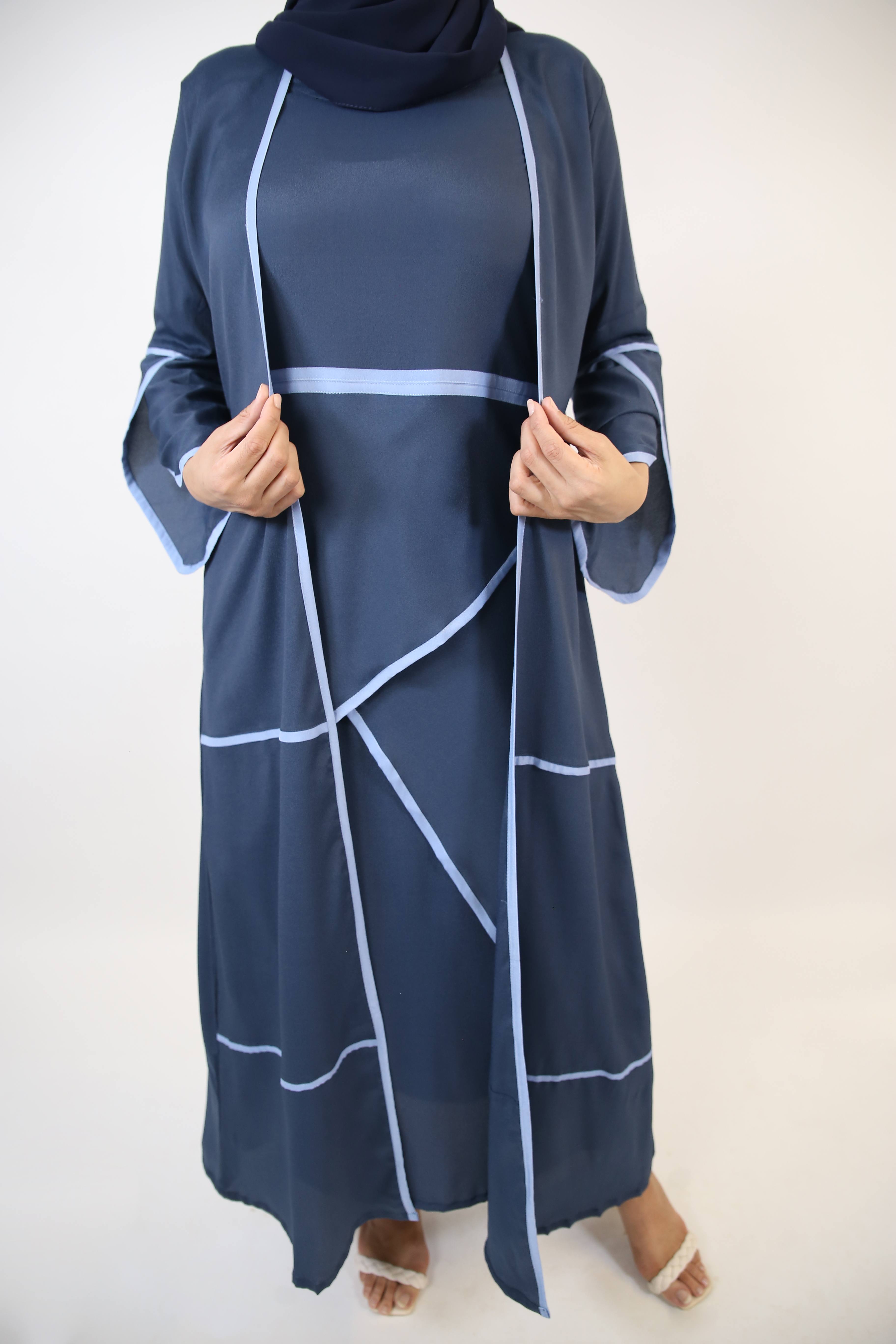 Hadee- Timeless lightweight wrinkle free abaya dress with contrast piping detailing- Navy Blue