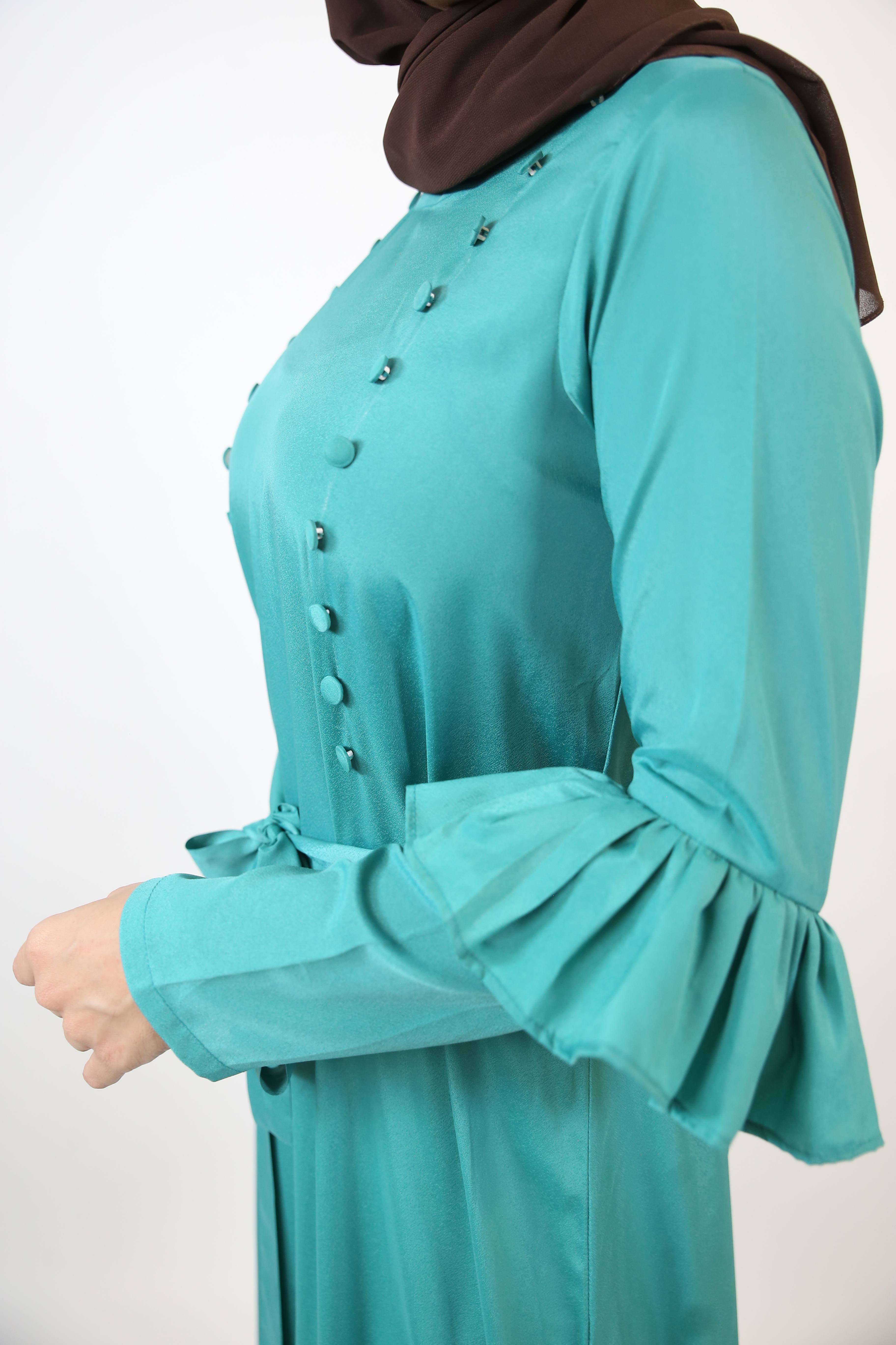 Nudhrah- Lovely no sheer maxi dress with dual buttoned row and frilled hem- Deep green