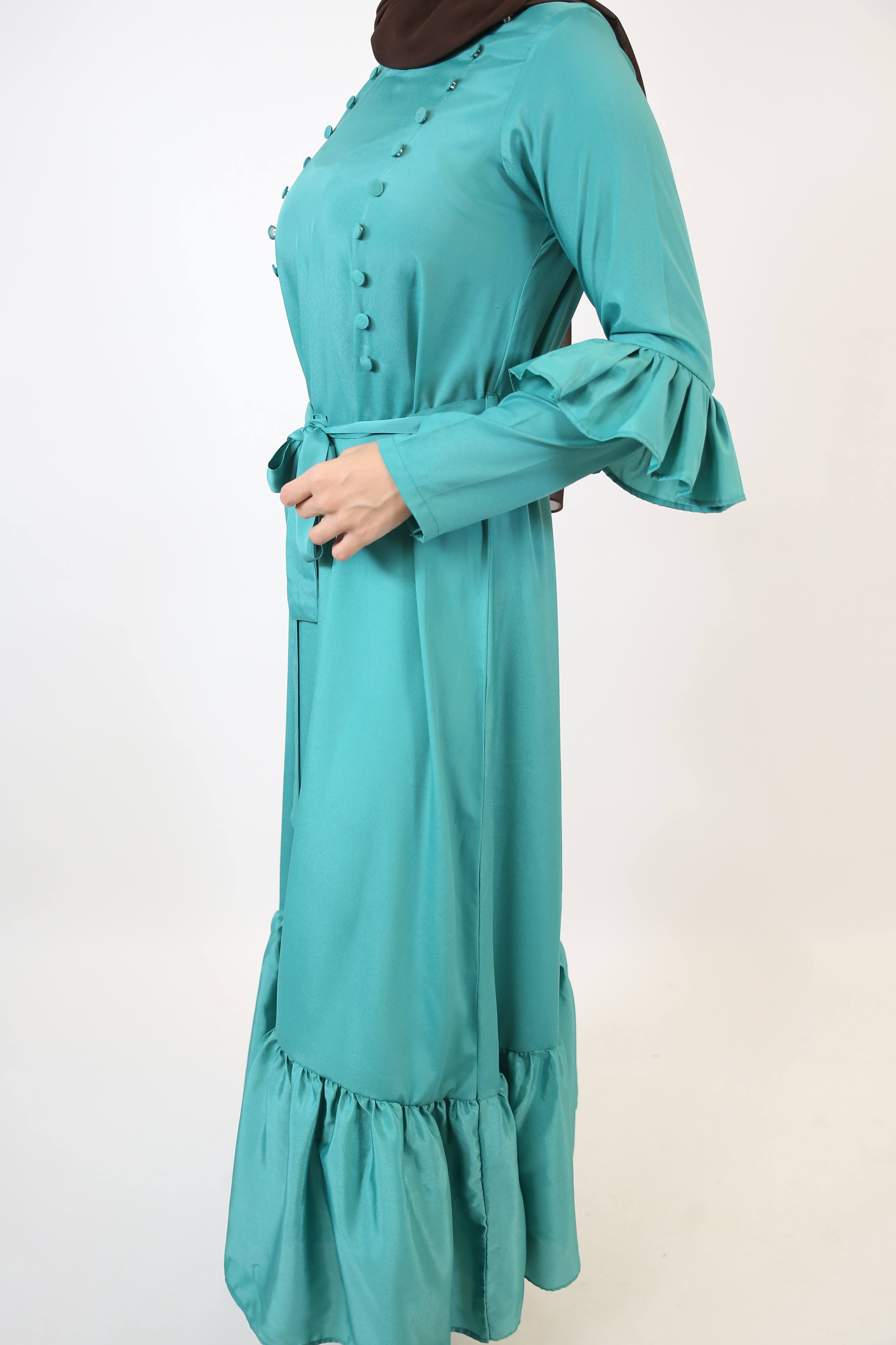 Nudhrah- Lovely no sheer maxi dress with dual buttoned row and frilled hem- Deep green