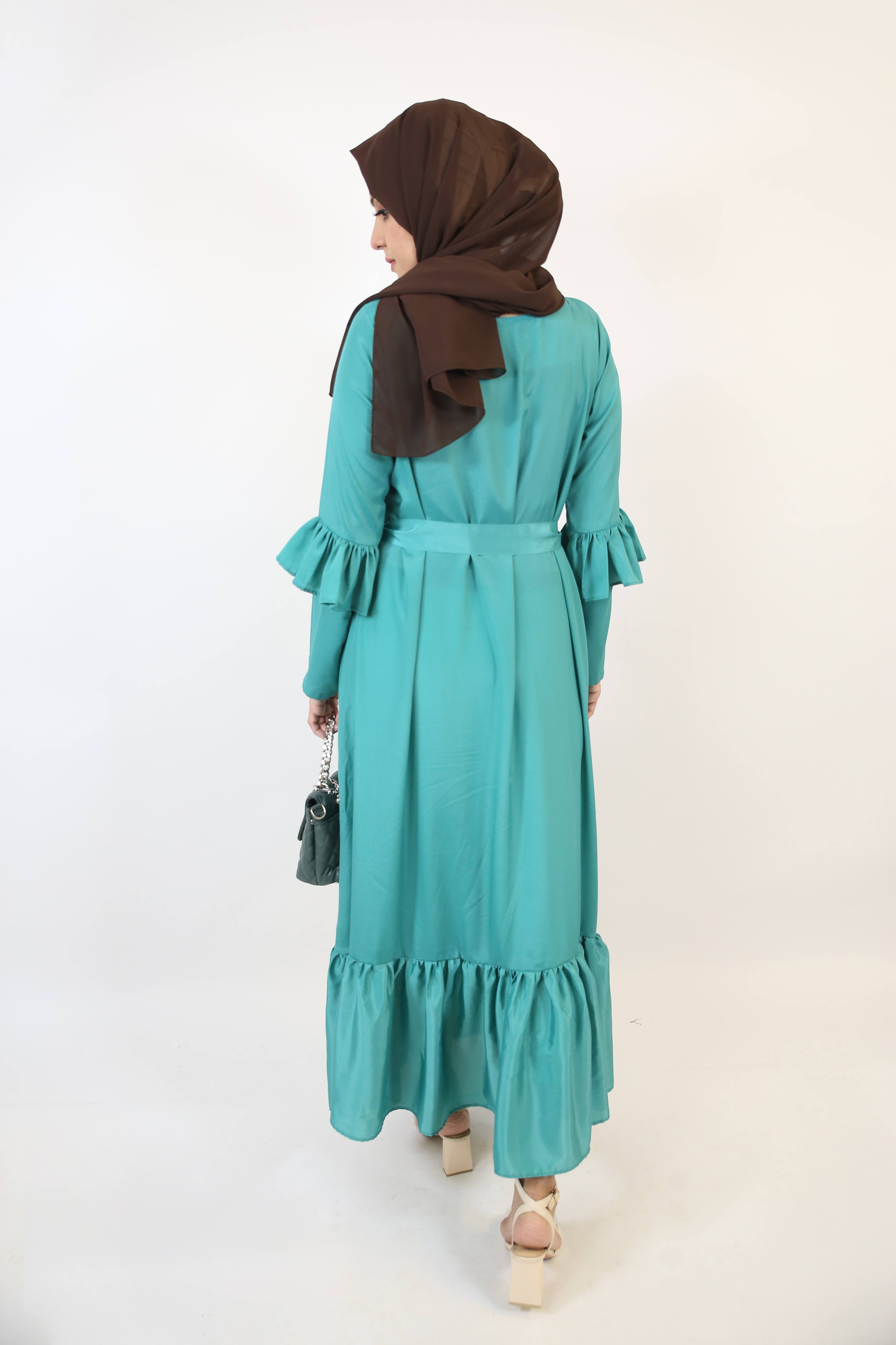 Nudhrah- Lovely no sheer maxi dress with dual buttoned row and frilled hem- Deep green