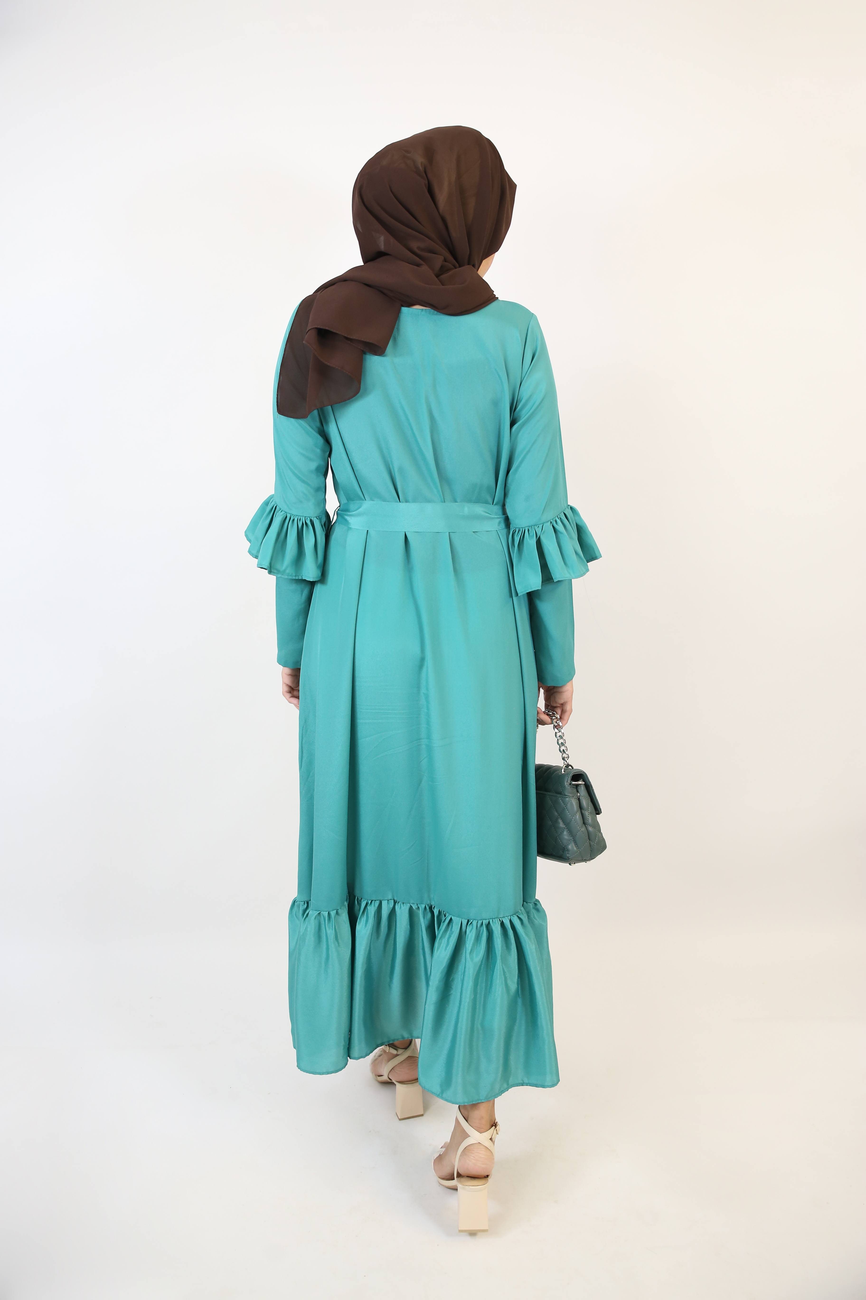 Nudhrah- Lovely no sheer maxi dress with dual buttoned row and frilled hem- Deep green