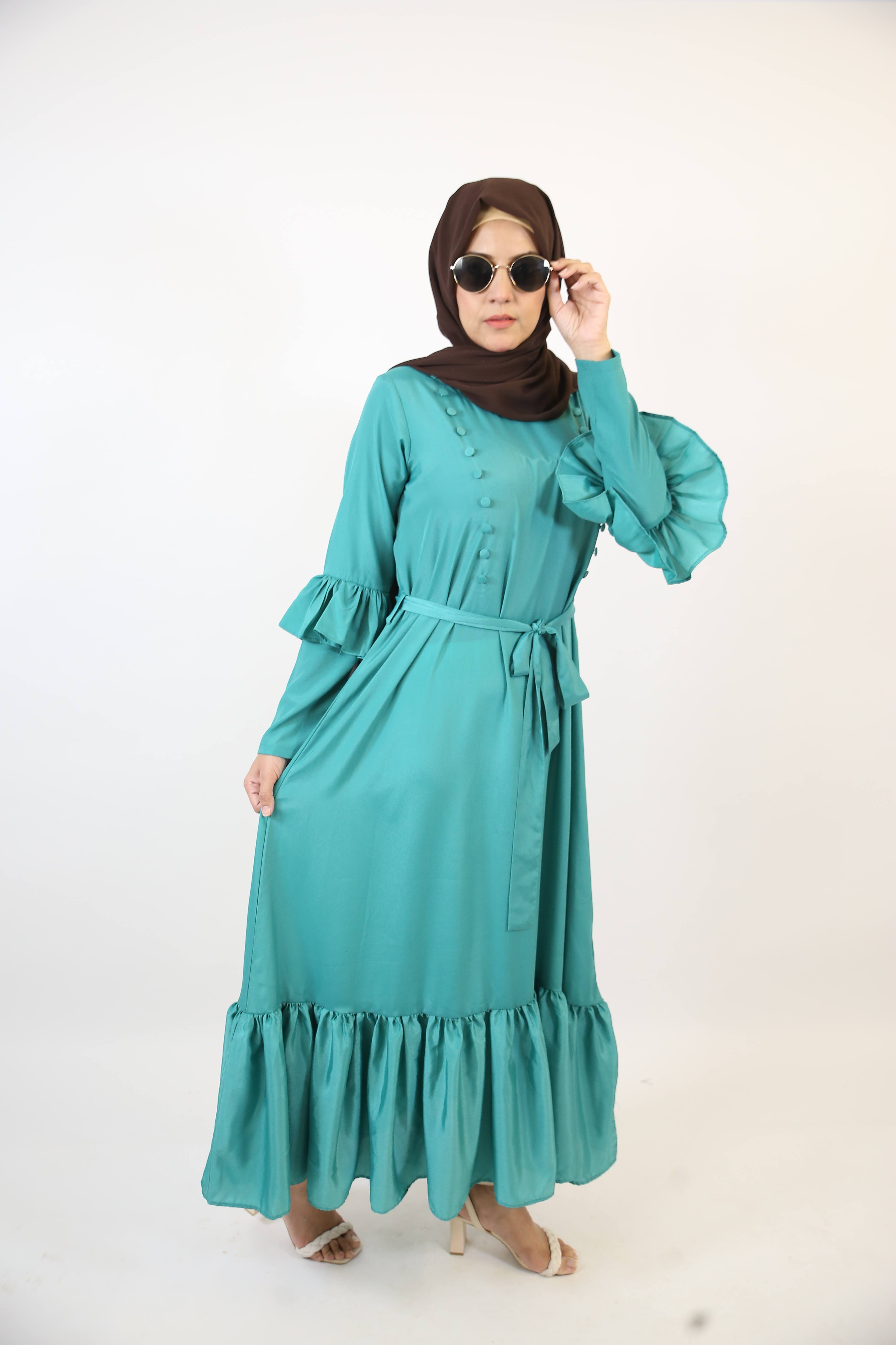 Nudhrah- Lovely no sheer maxi dress with dual buttoned row and frilled hem- Deep green