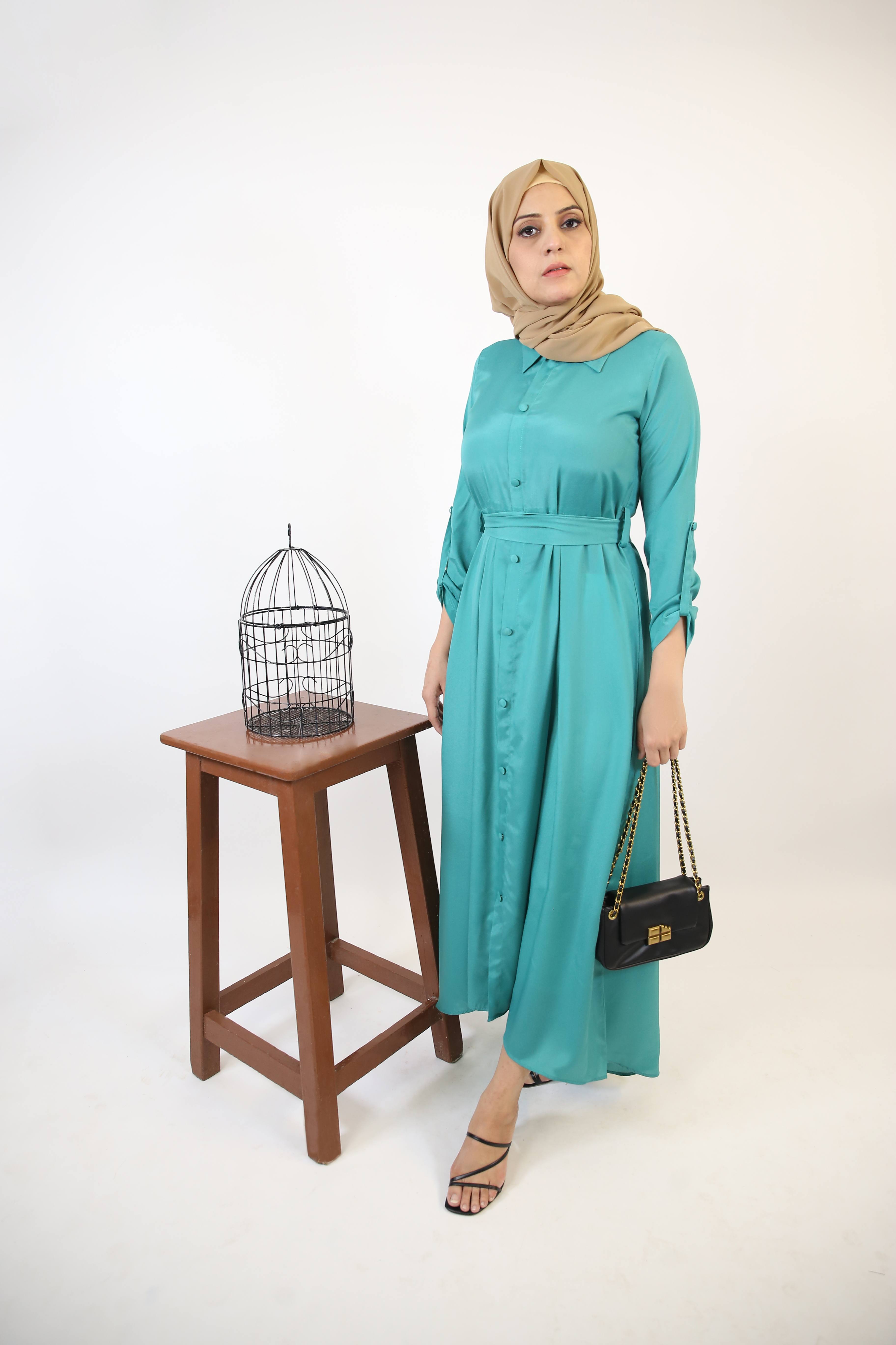 Ghaba- Elegant wrinkle free maxi dress with top down buttons and detachable belt- Emerald Green