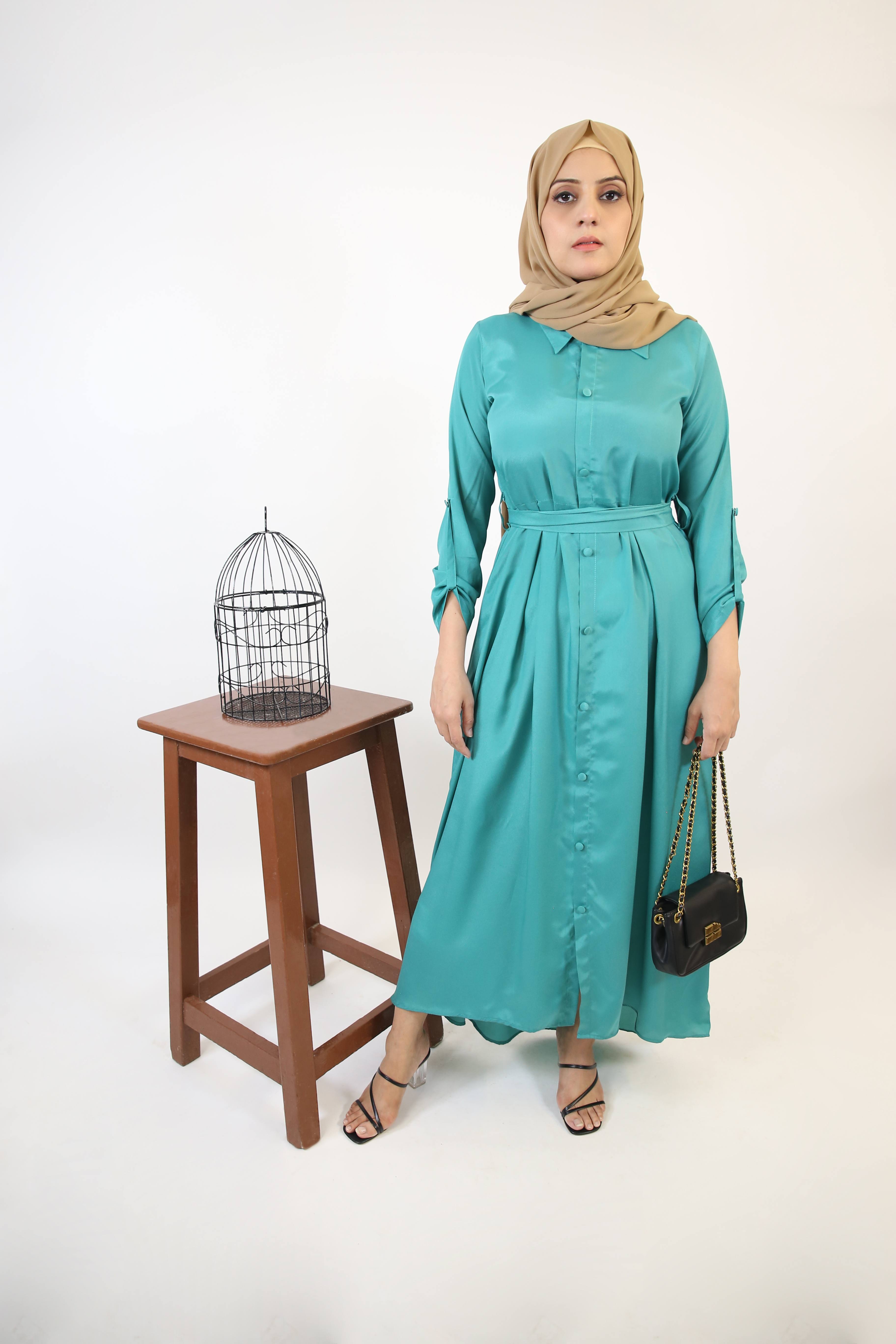 Ghaba- Elegant wrinkle free maxi dress with top down buttons and detachable belt- Emerald Green