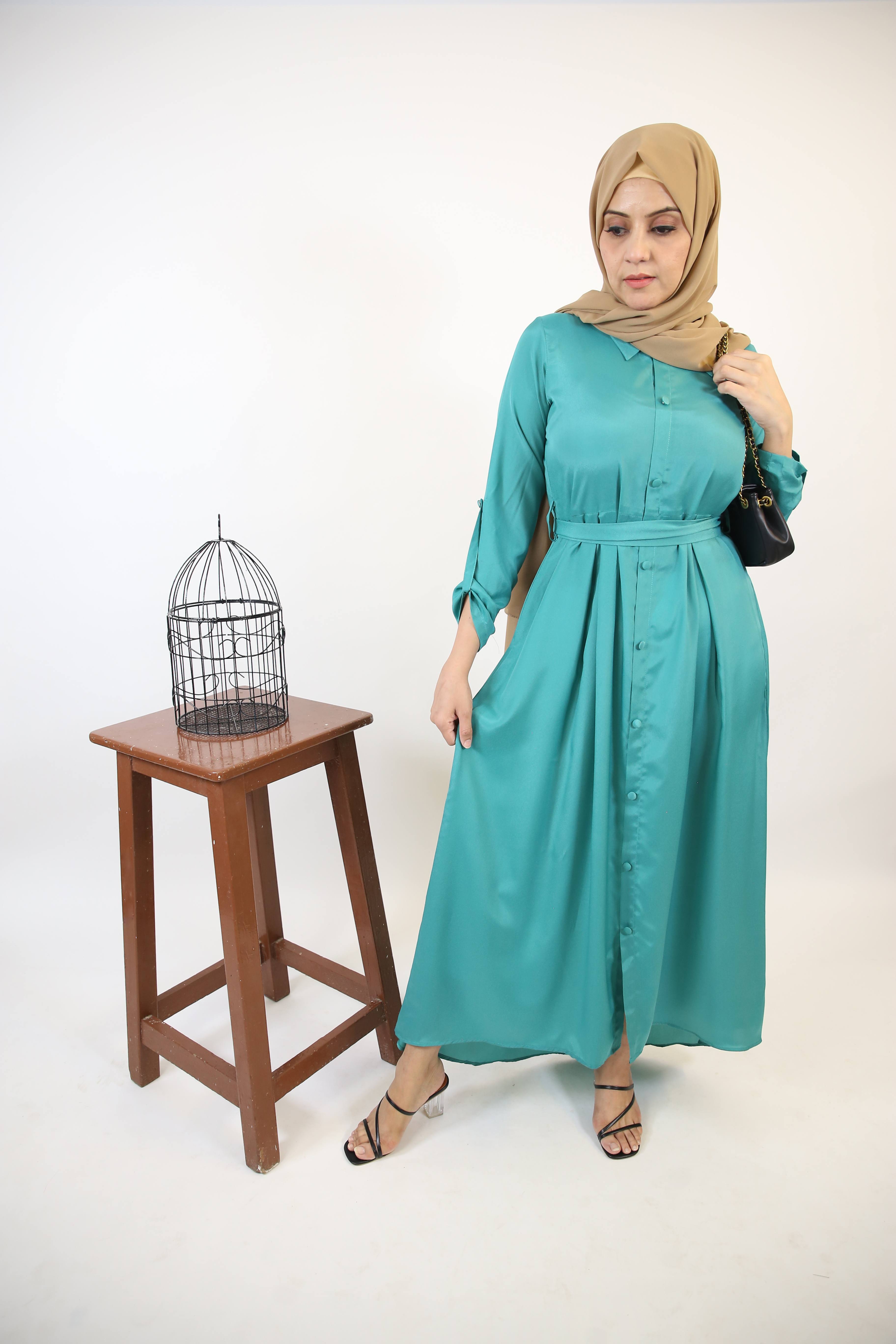 Ghaba- Elegant wrinkle free maxi dress with top down buttons and detachable belt- Emerald Green