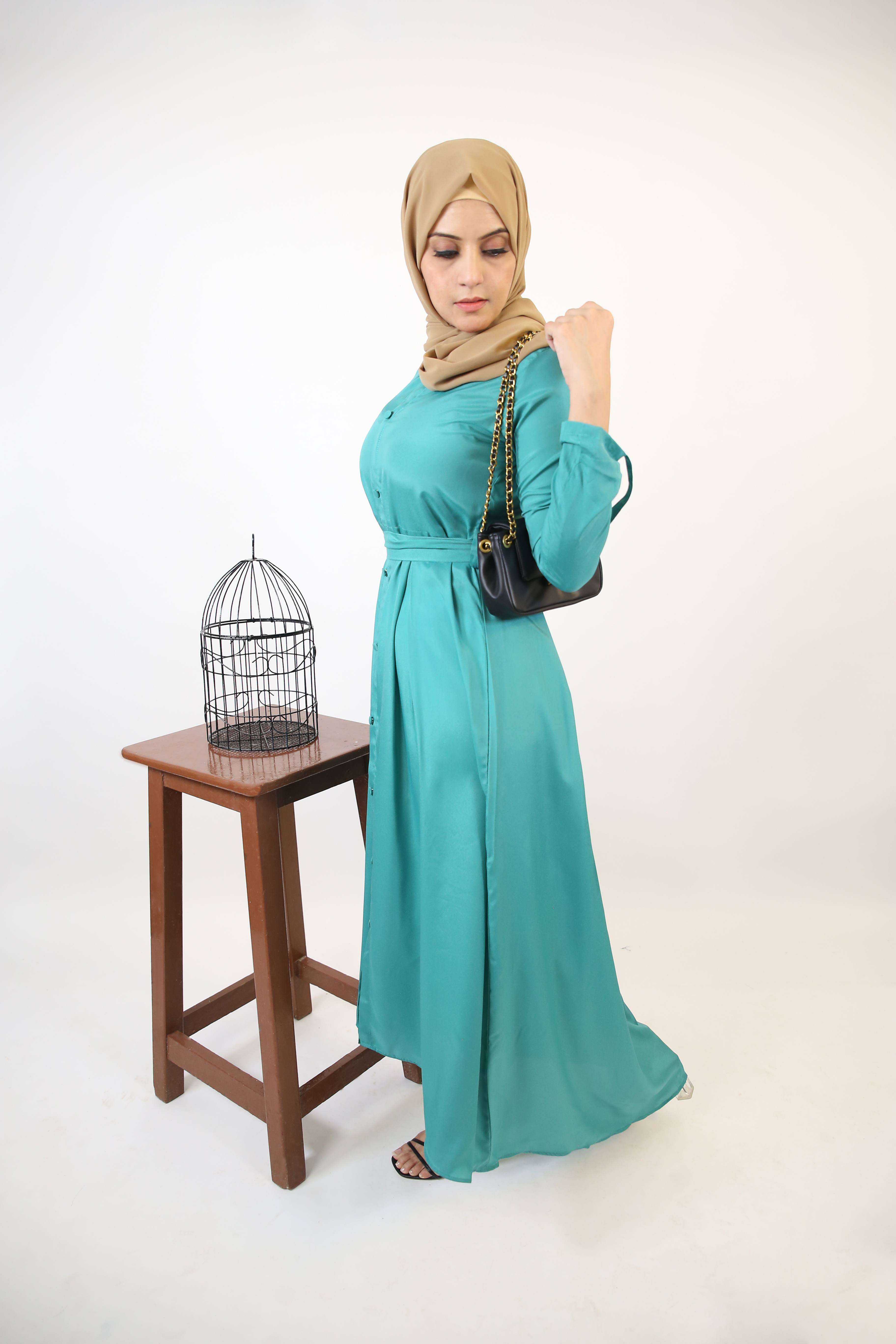Ghaba- Elegant wrinkle free maxi dress with top down buttons and detachable belt- Emerald Green