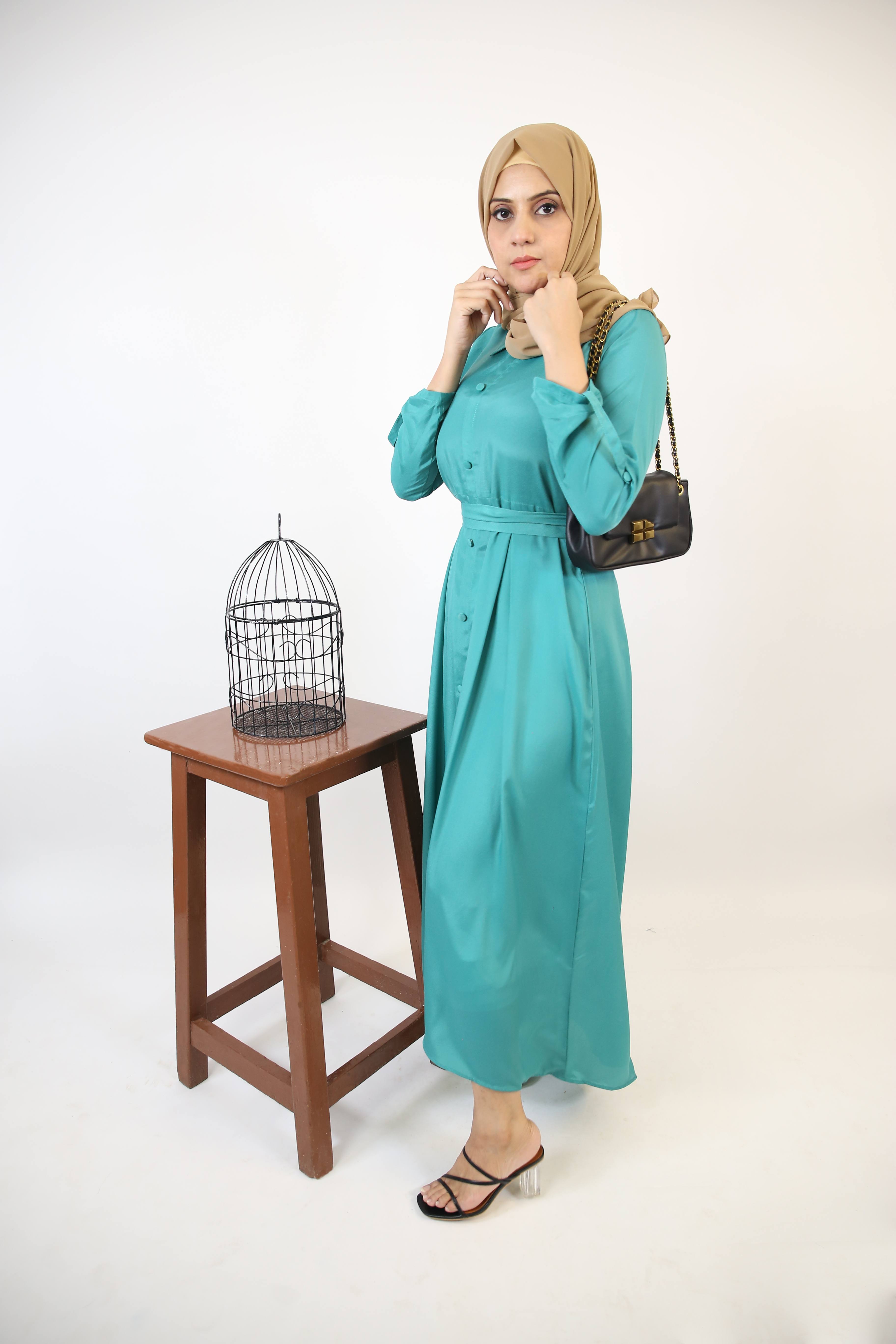 Ghaba- Elegant wrinkle free maxi dress with top down buttons and detachable belt- Emerald Green