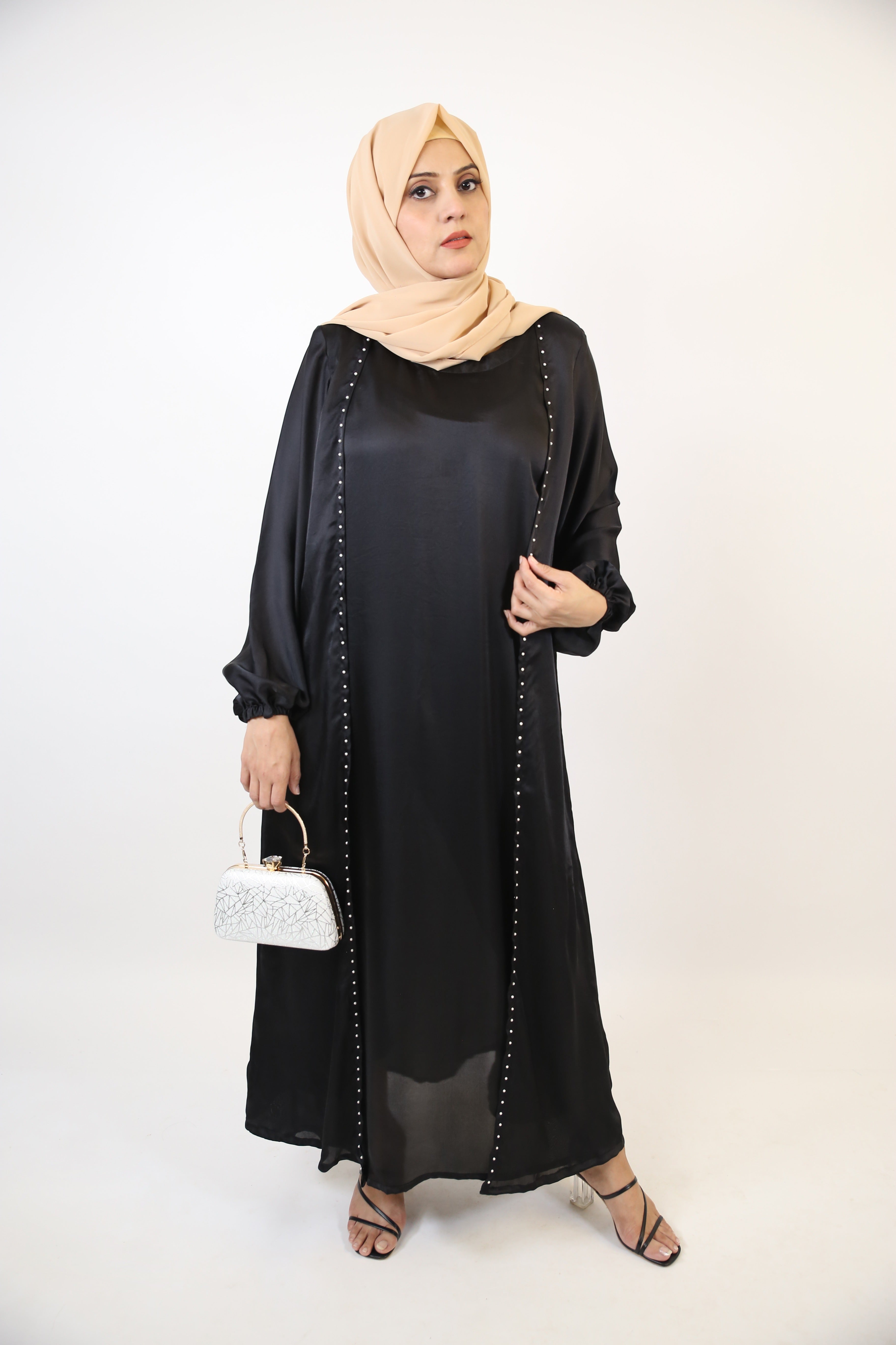 Suwad- Classy Satin two piece faux pearl throw over abaya with inner slip dress- Charcoal Black