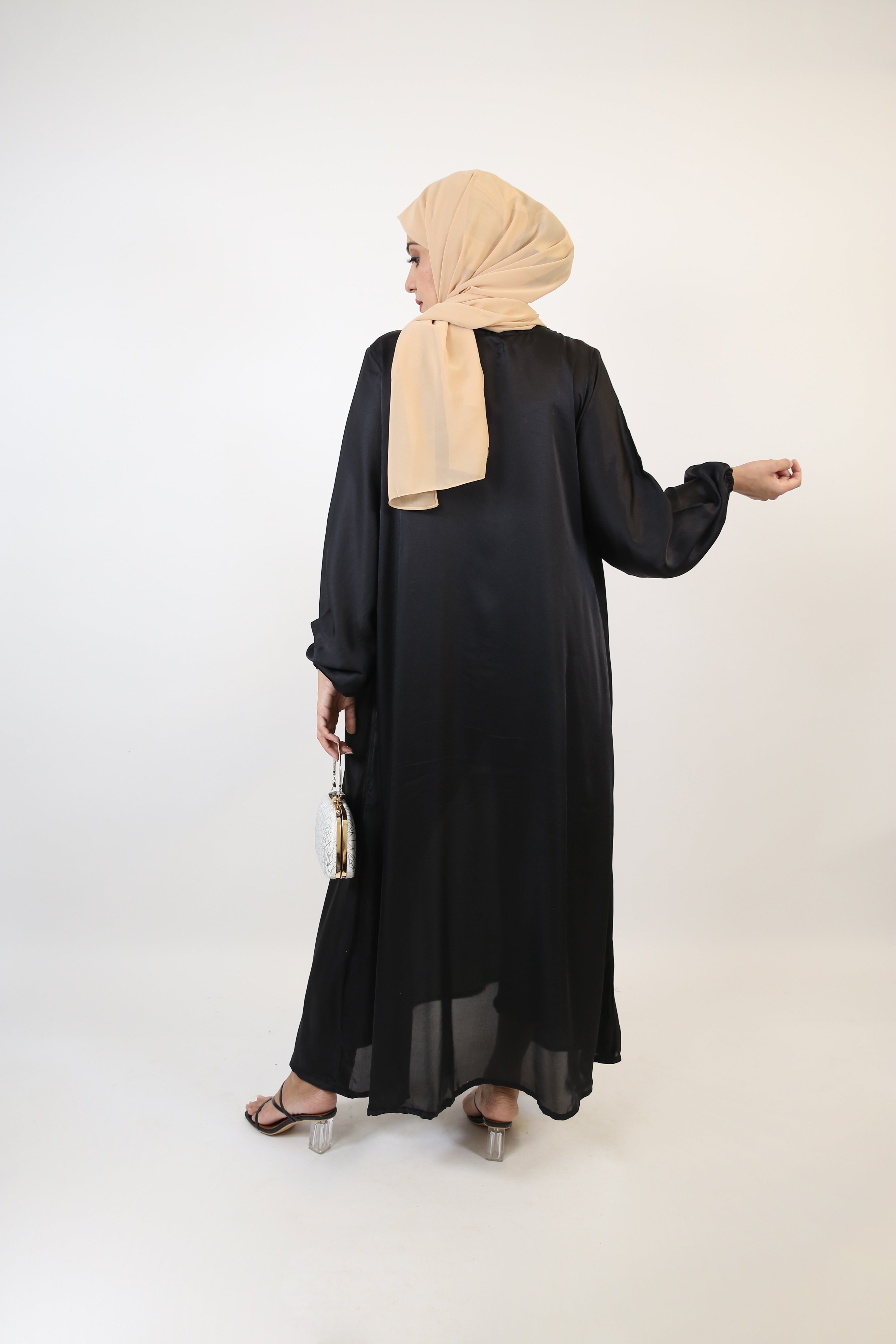 Suwad- Classy Satin two piece faux pearl throw over abaya with inner slip dress- Charcoal Black