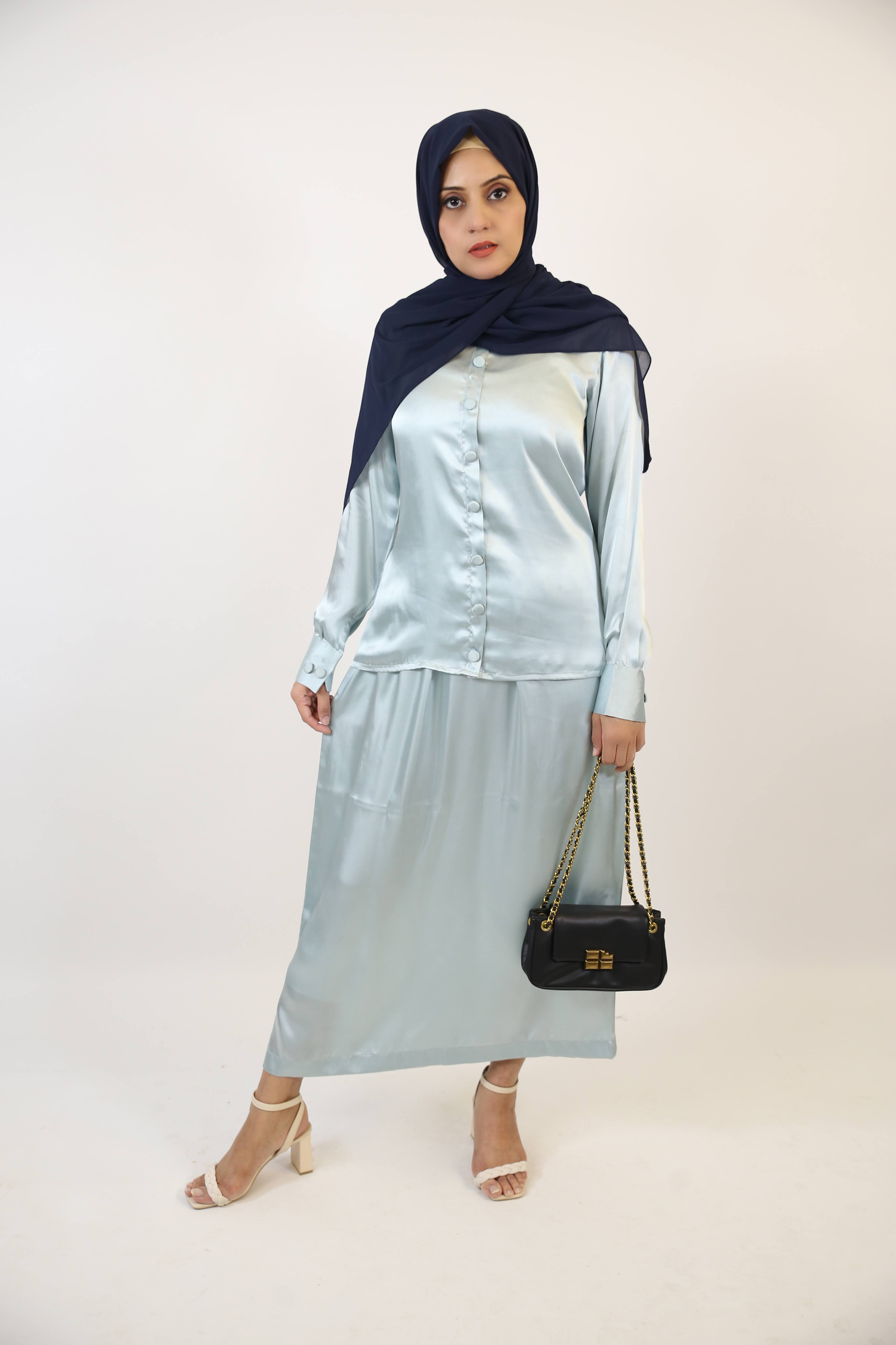 Sahab- Elegant Satin Modest blouse skirt paired with detachable belt-Quenched Blue