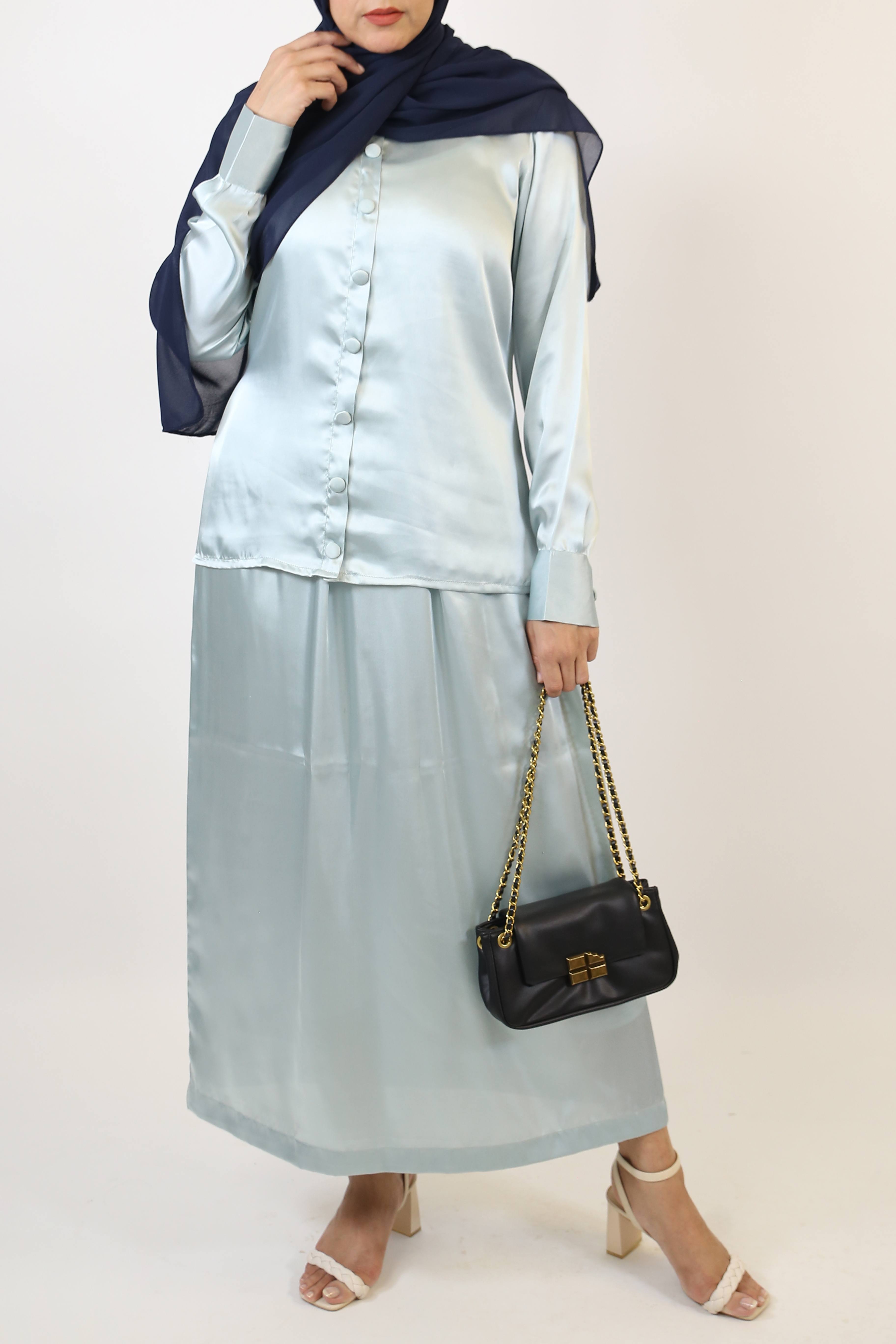 Sahab- Elegant Satin Modest blouse skirt paired with detachable belt-Quenched Blue