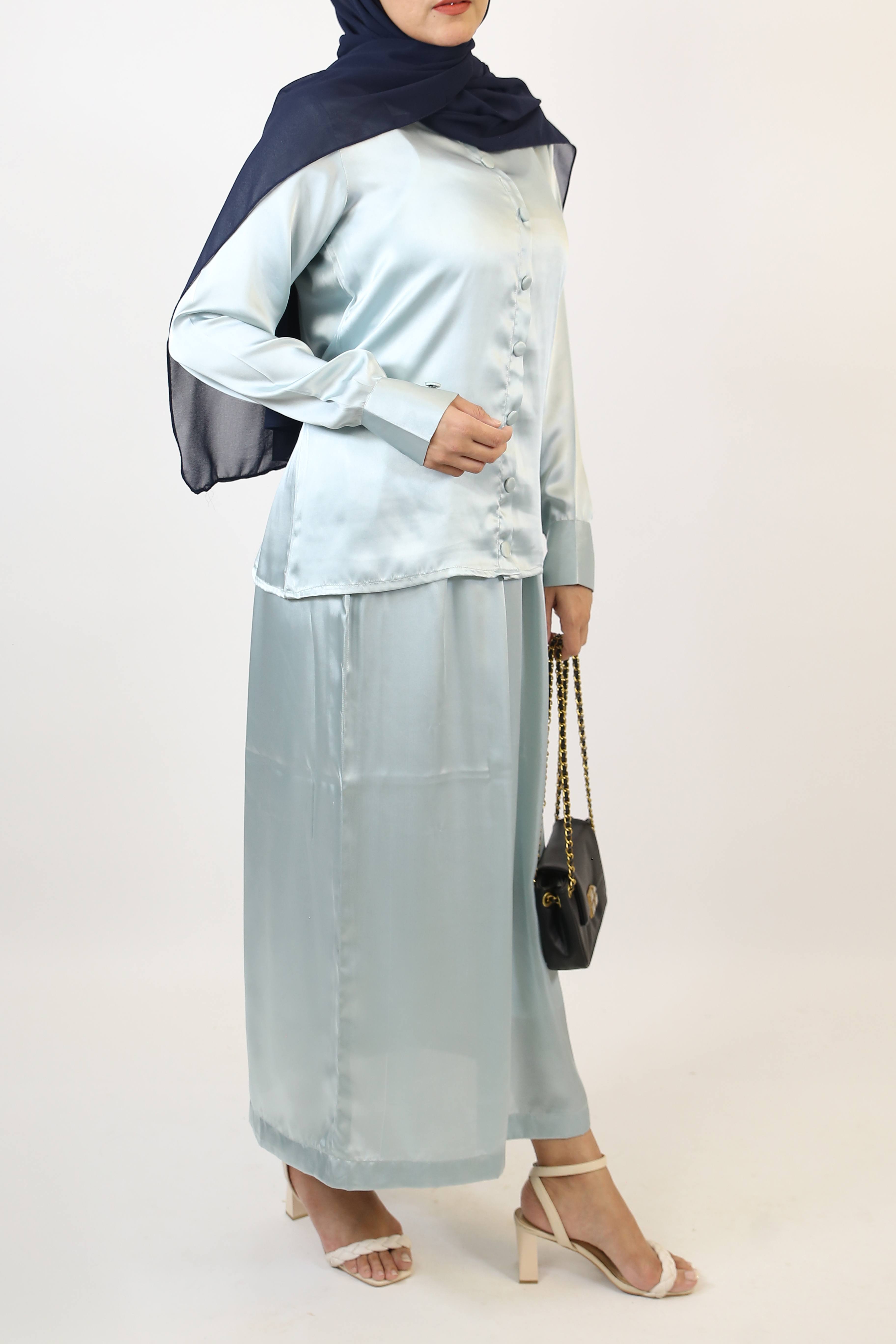 Sahab- Elegant Satin Modest blouse skirt paired with detachable belt-Quenched Blue