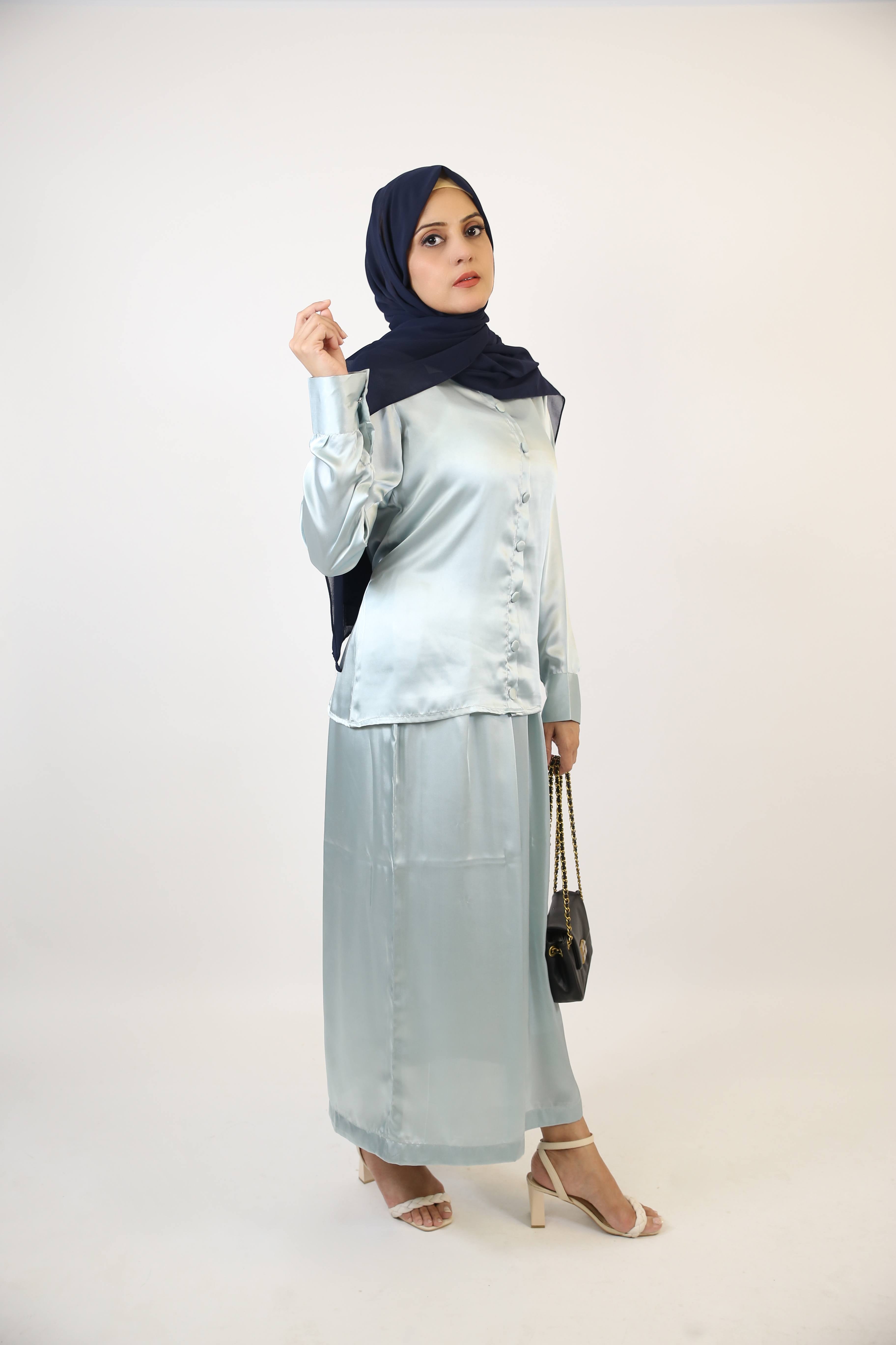 Sahab- Elegant Satin Modest blouse skirt paired with detachable belt-Quenched Blue