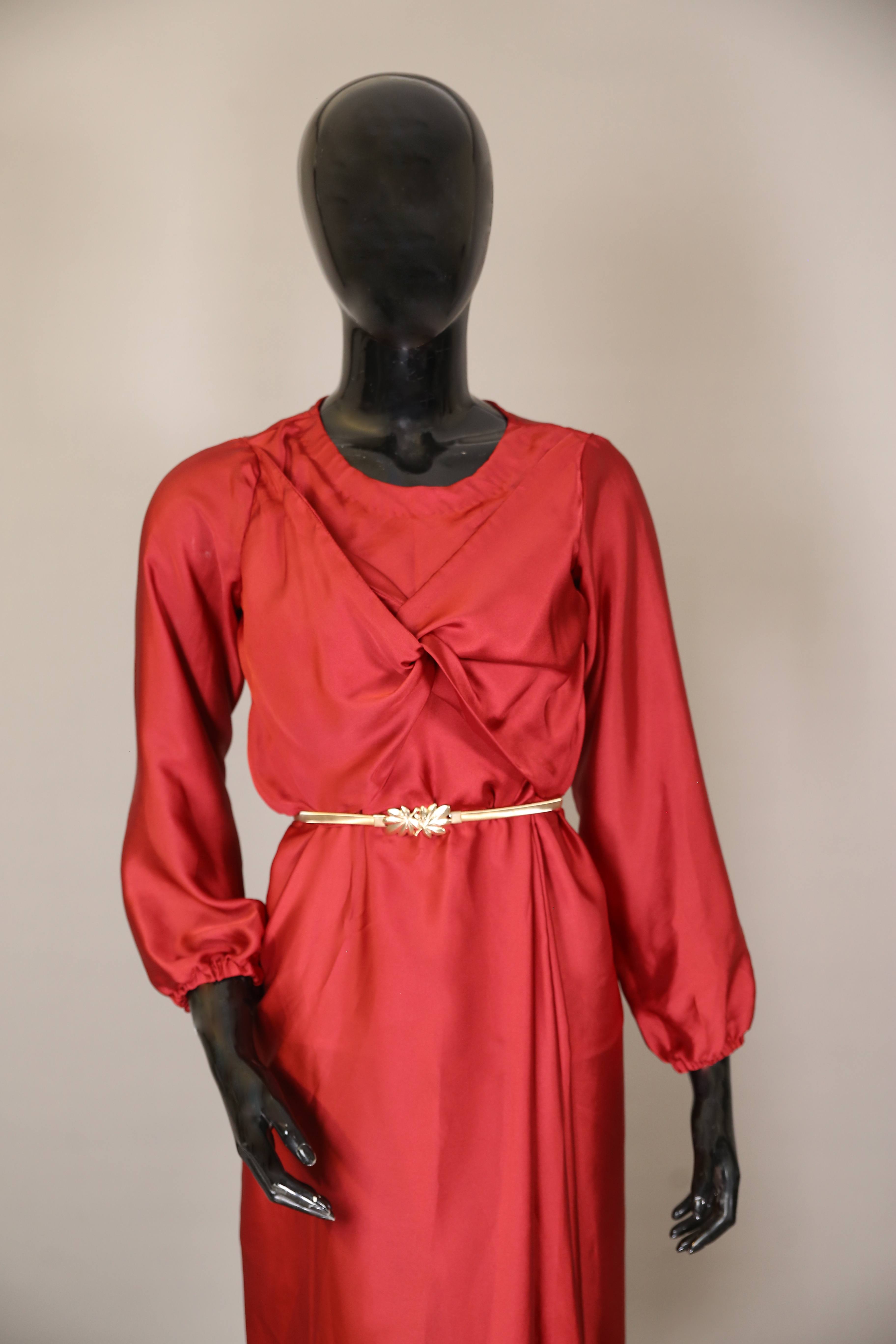 Orchid- Stunning Satin maxi dress with front knot detailing and belt embellishment- Blood red