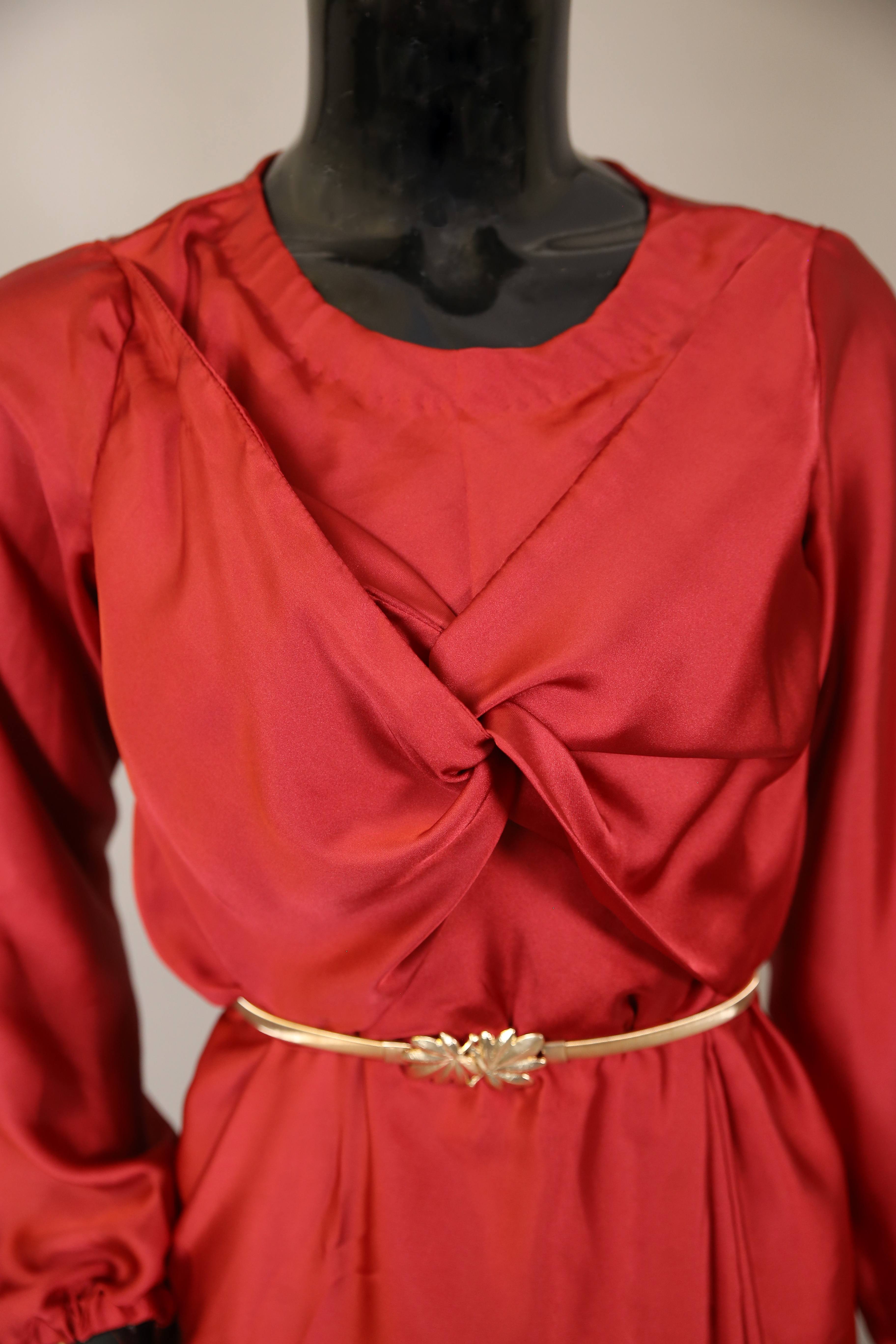 Orchid- Stunning Satin maxi dress with front knot detailing and belt embellishment- Blood red