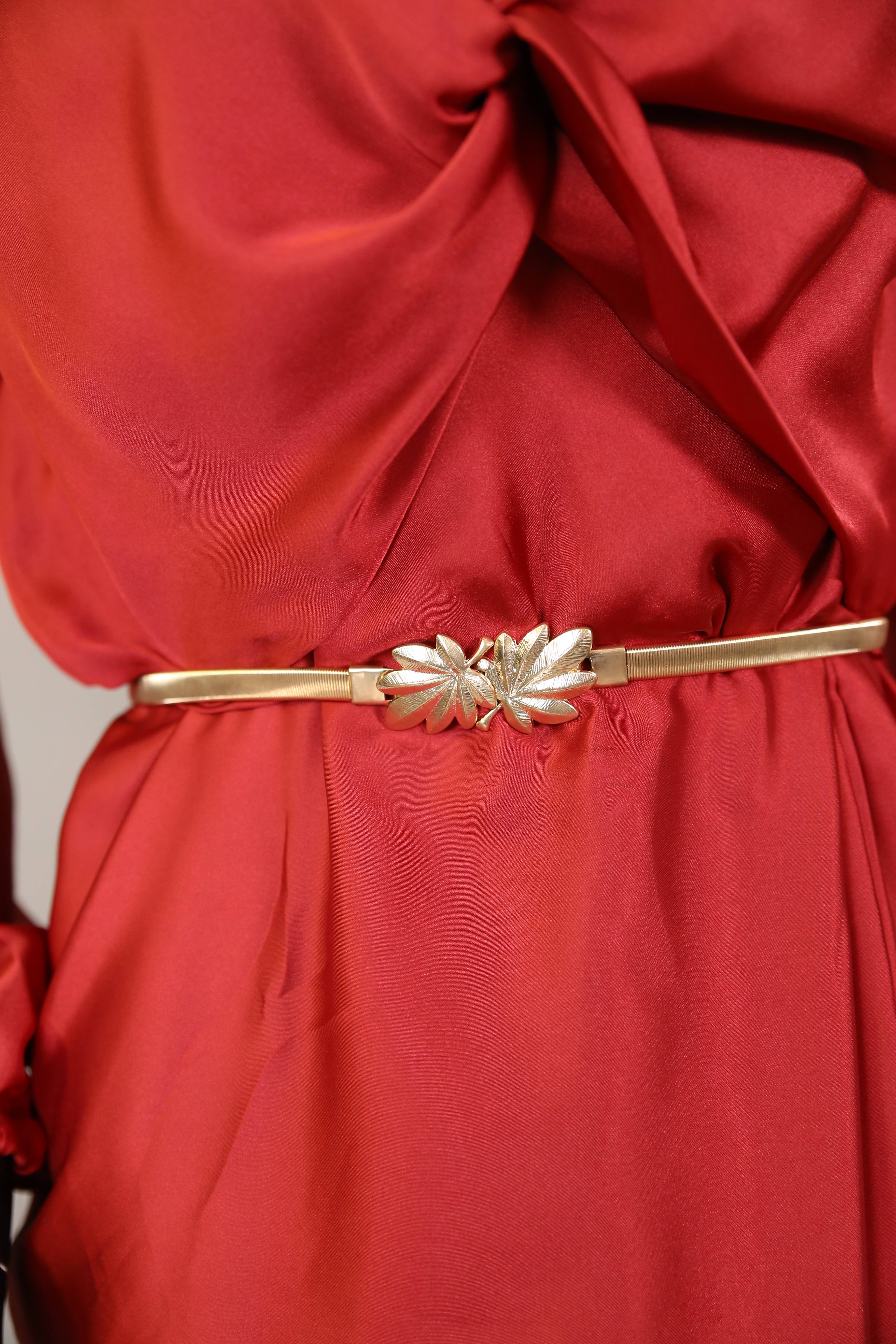 Orchid- Stunning Satin maxi dress with front knot detailing and belt embellishment- Blood red