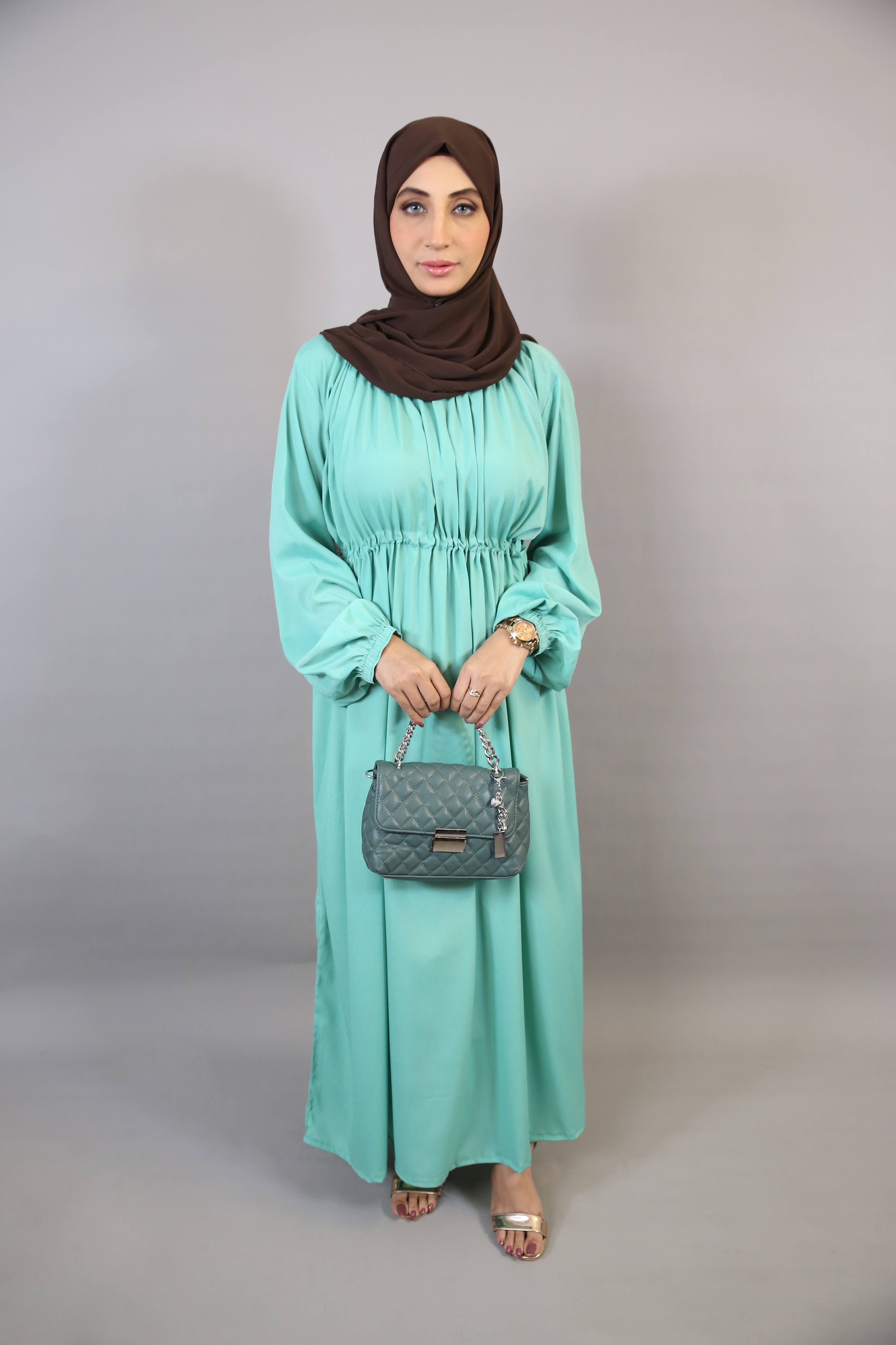 Tufaha- Youthful no sheer maxi dress with smocking belt and balloon sleeve- Leaf Green