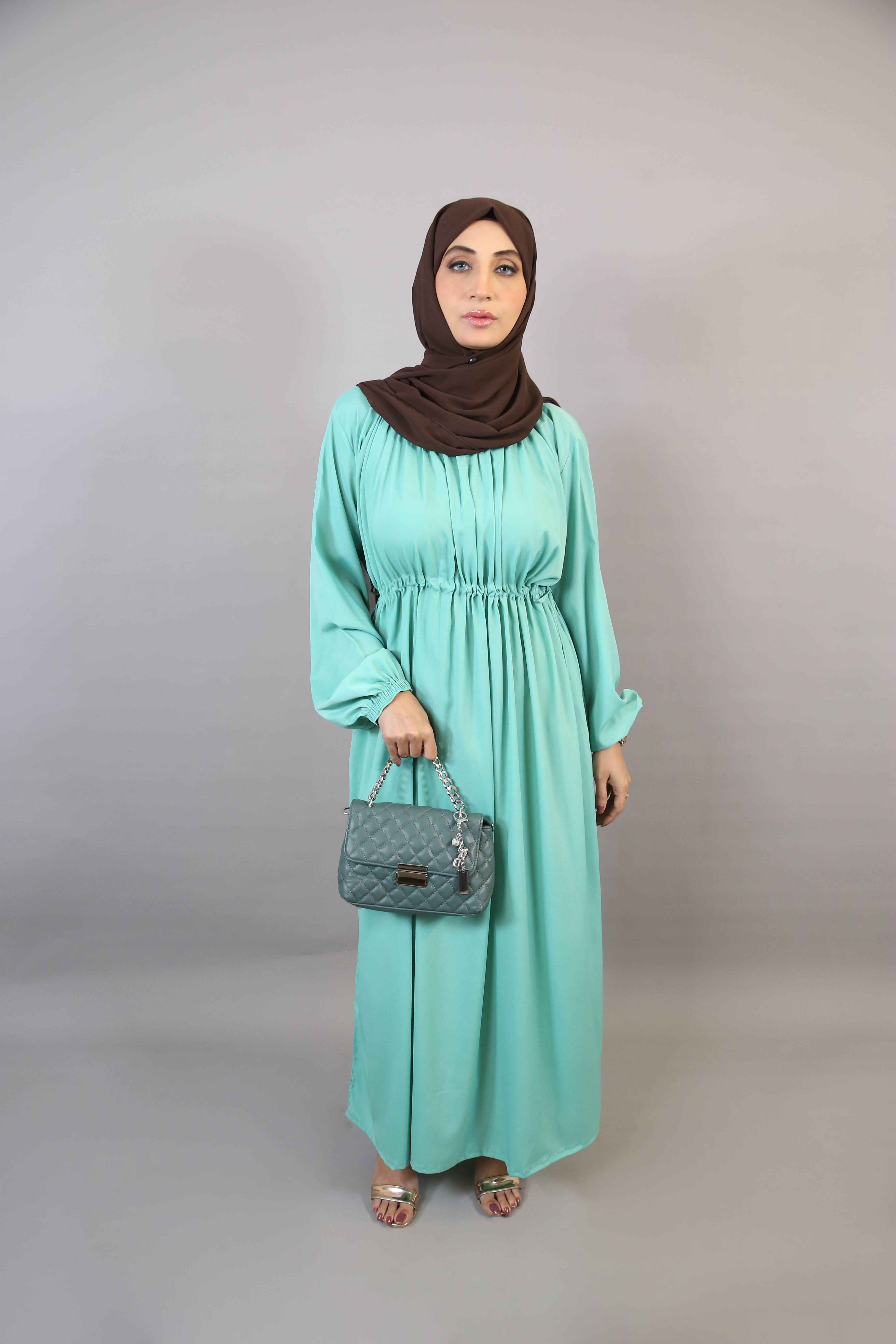 Tufaha- Youthful no sheer maxi dress with smocking belt and balloon sleeve- Leaf Green