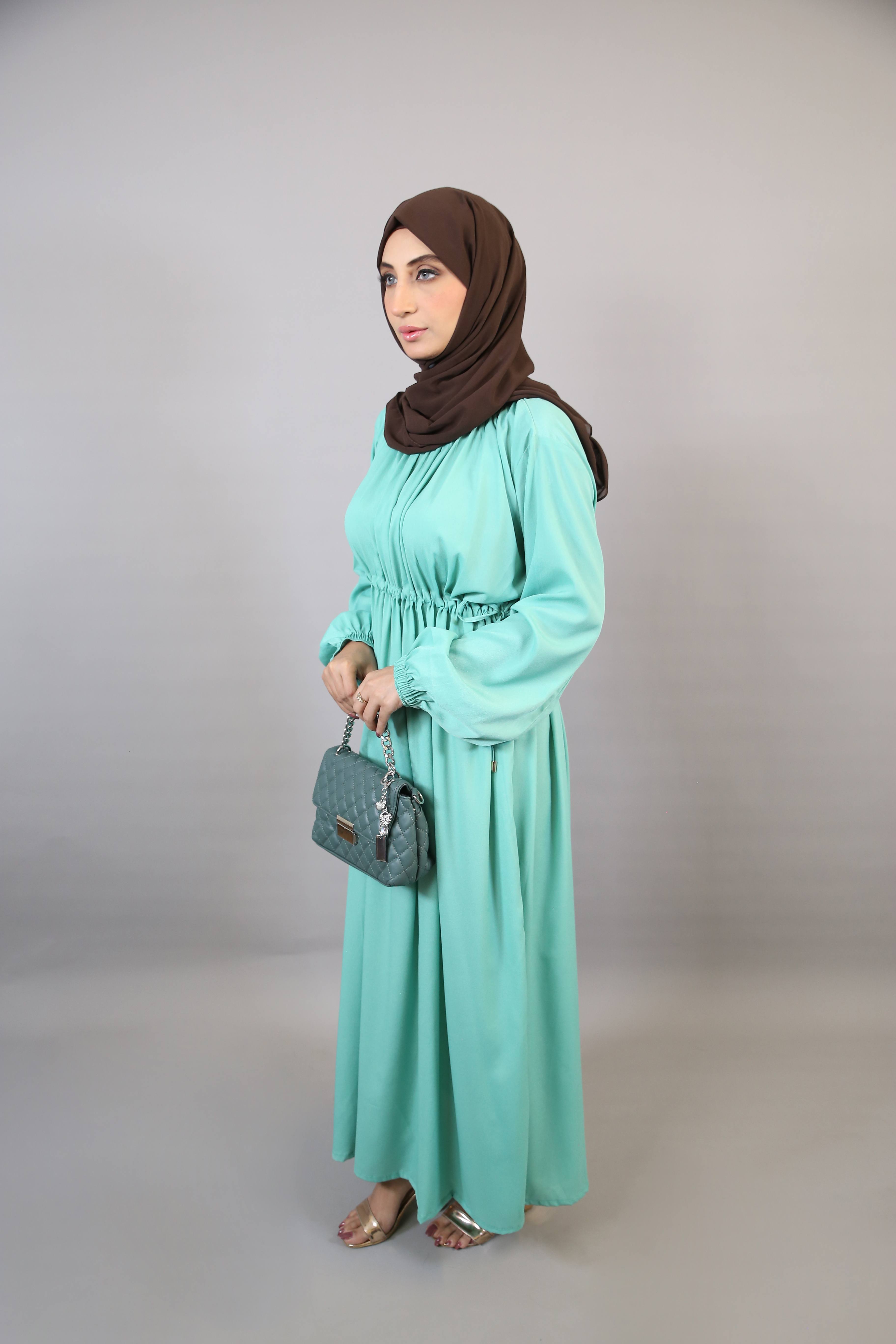 Tufaha- Youthful no sheer maxi dress with smocking belt and balloon sleeve- Leaf Green