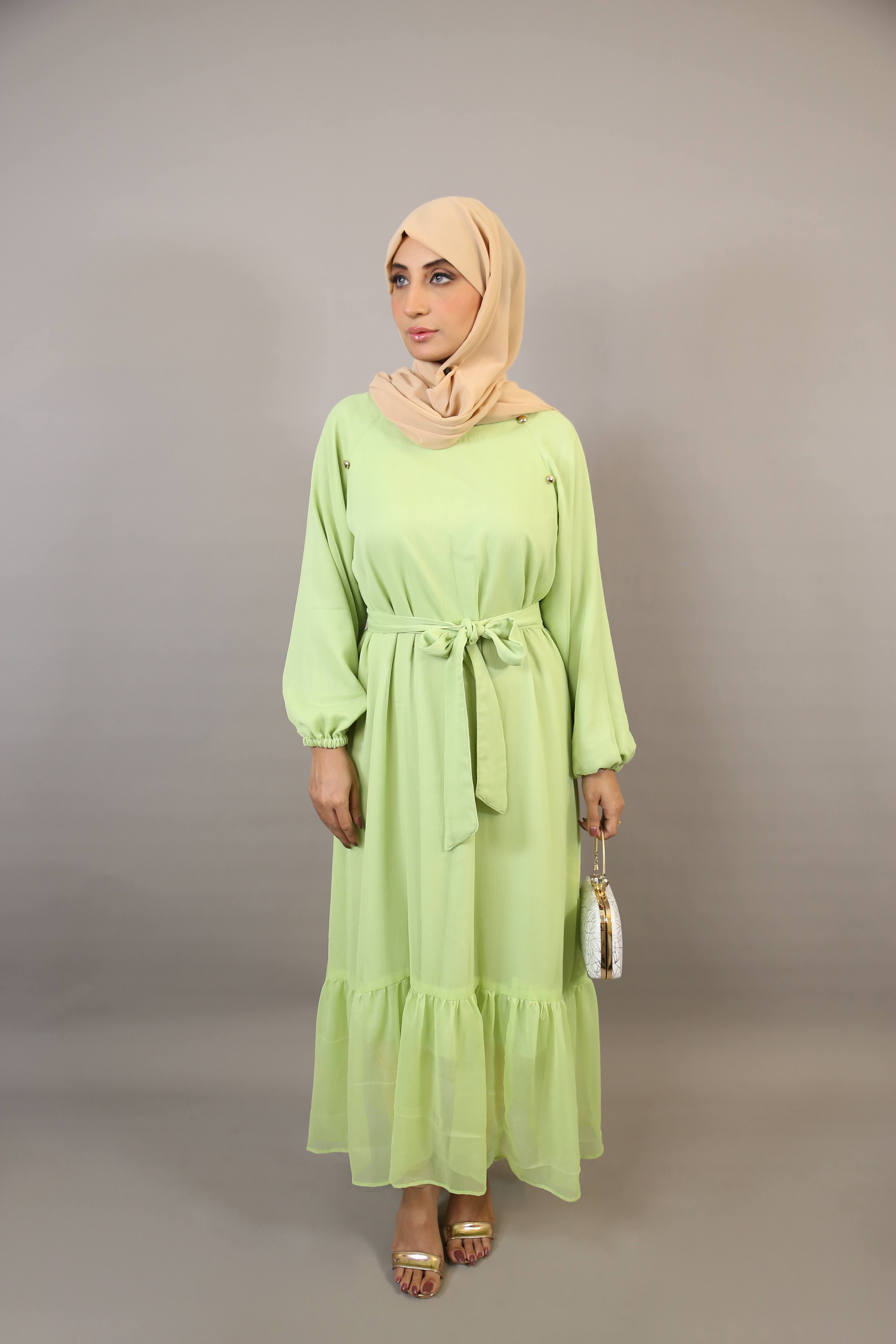 Shabi- Vibrant Chiffon lined maxi dress with button detailing and matching belt- Electric Green