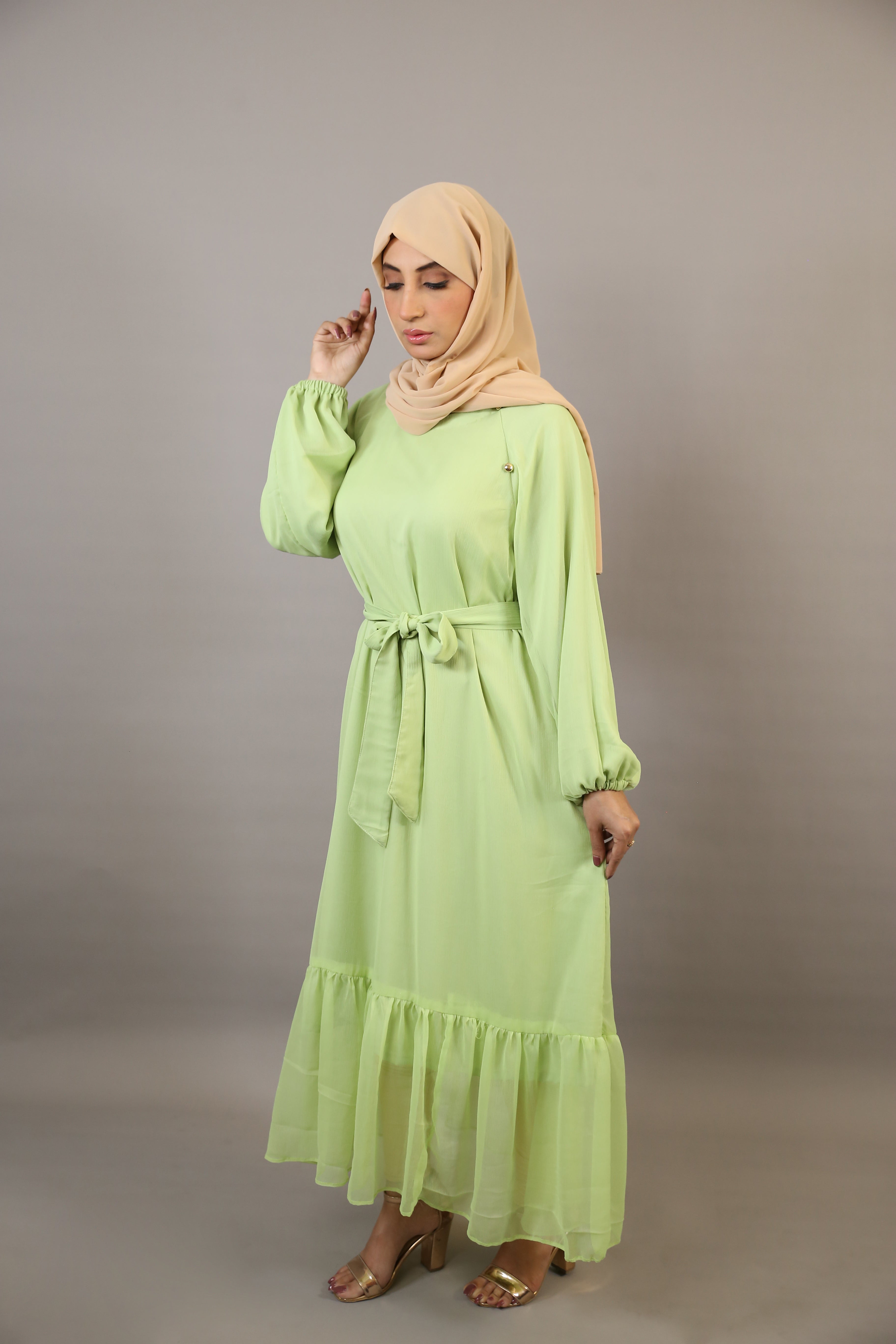 Shabi- Vibrant Chiffon lined maxi dress with button detailing and matching belt- Electric Green