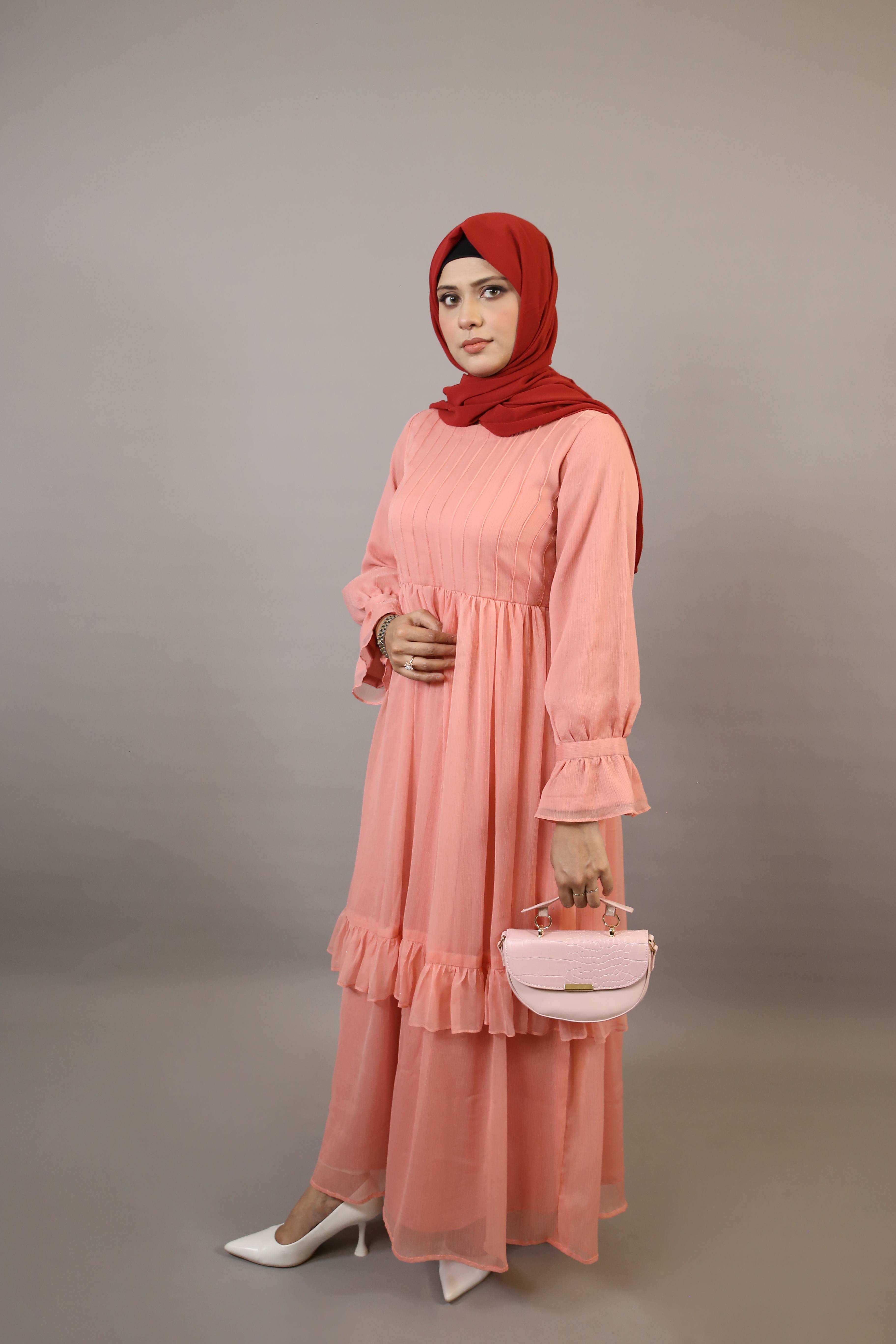 Peonya- Charming Chiffon lined maxi dress with pintucks front and ruffled hem- Blush Pink